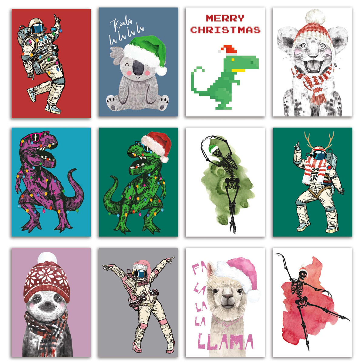 Funny Christmas cards for kids, set of 24 with 12 illustrated designs including dinosaurs, astronauts, skeletons, and animals