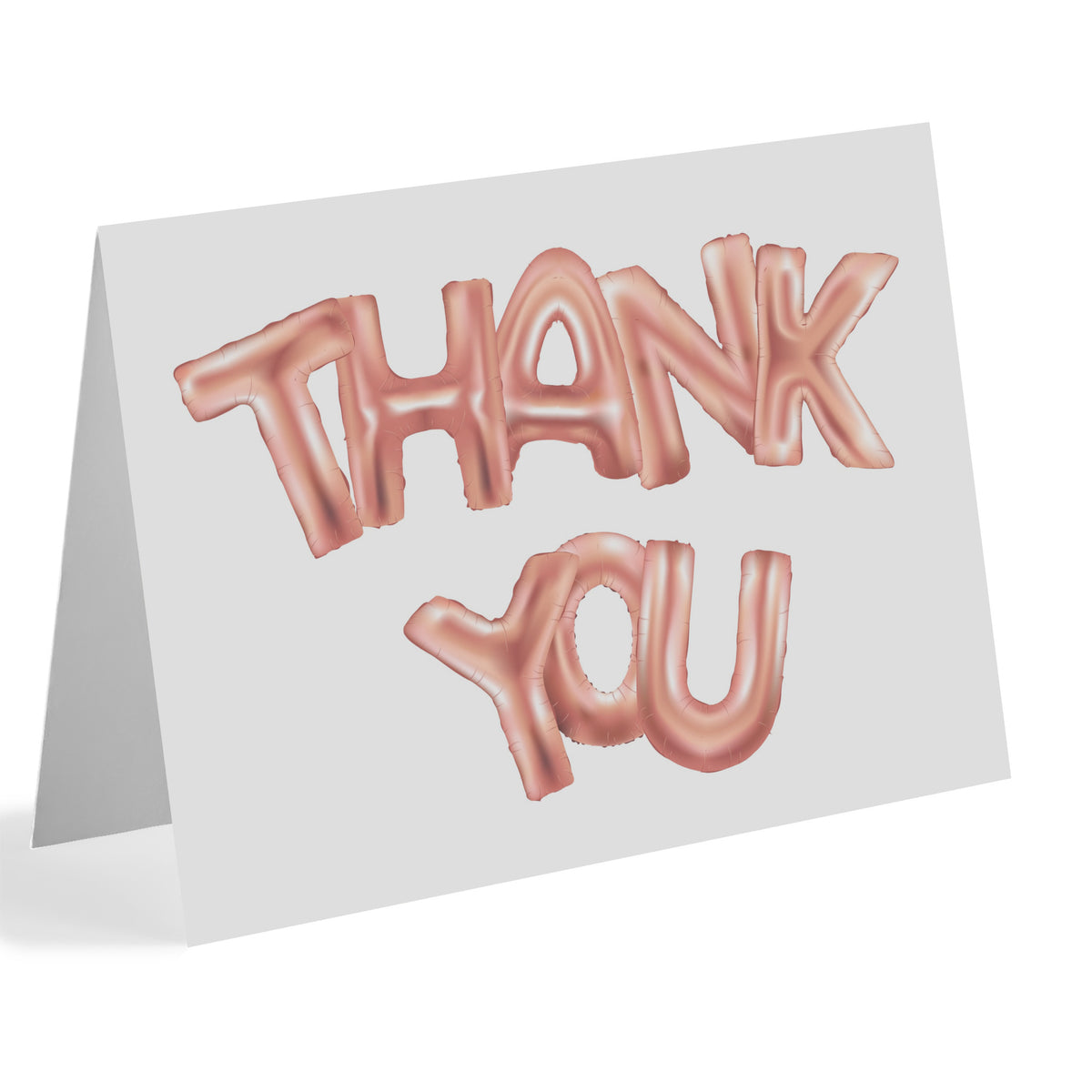 Thank you balloon cards set of 24 white folded cards with rose gold metallic balloon-style lettering.