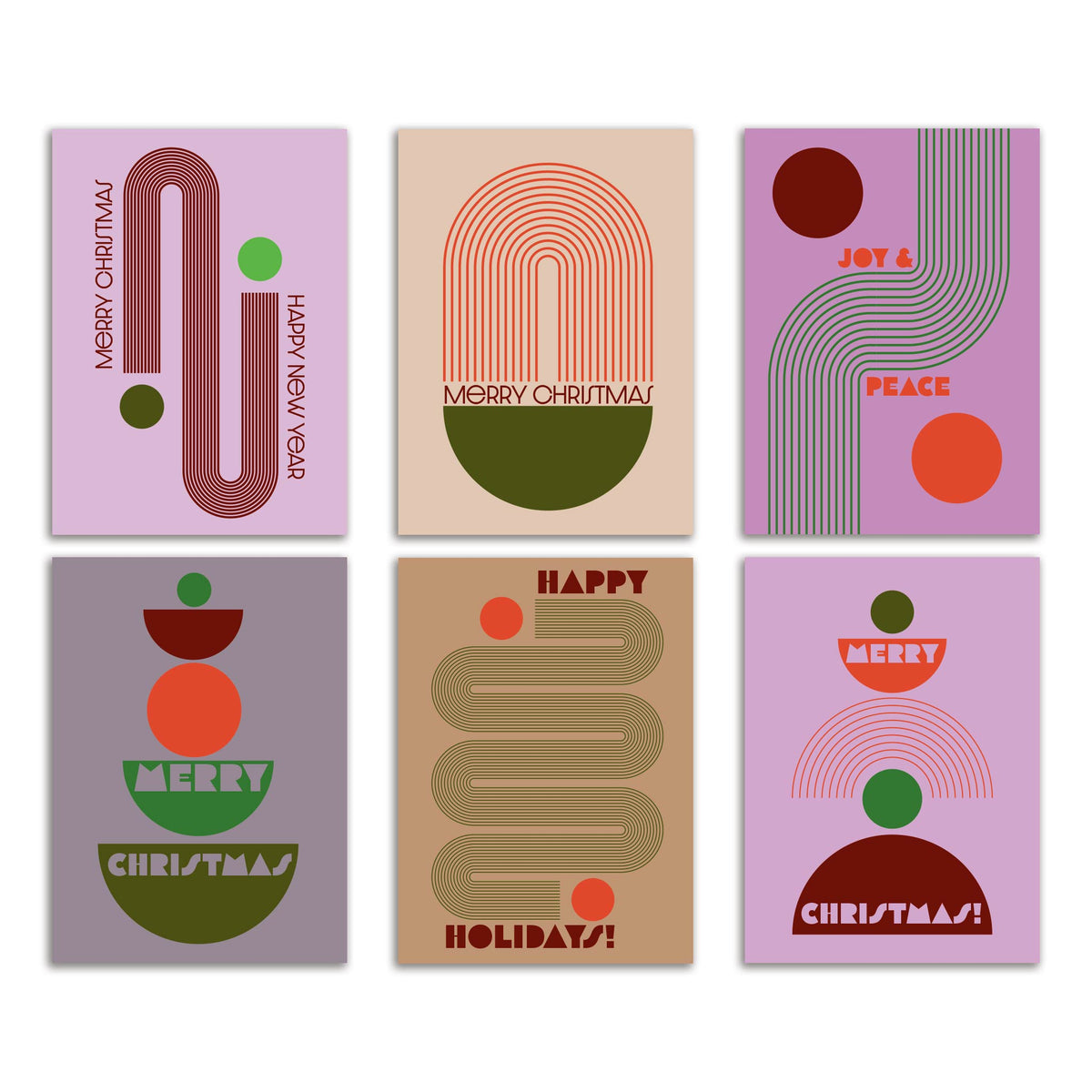 Boho Geometric Christmas Card Set, 24 cards in 6 designs, maroon, green, and orange-red on lilac, tan, and mauve backgrounds.