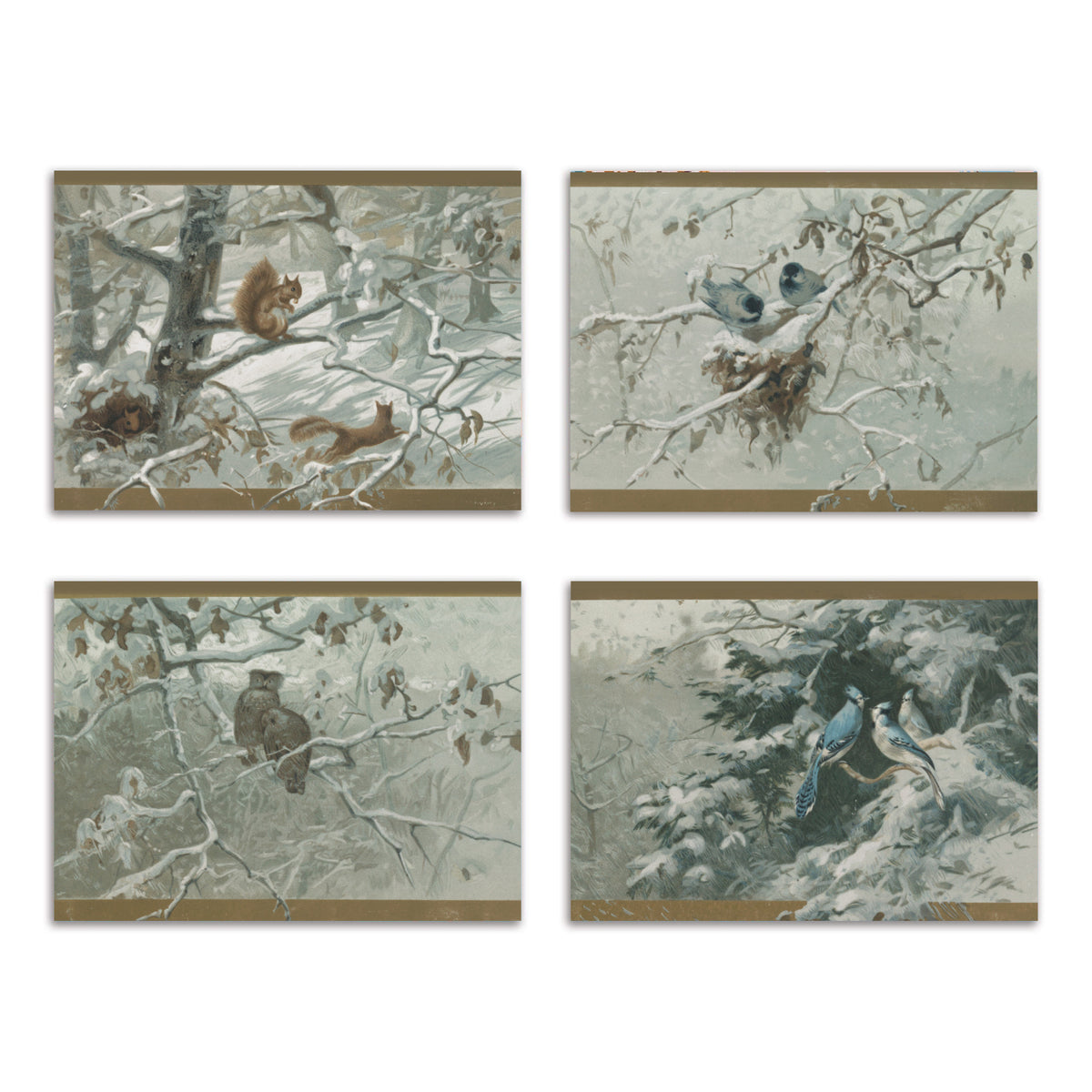 Snowy Winter Wildlife Cards set of 24 in four chromolithograph-style designs, landscape orientation.