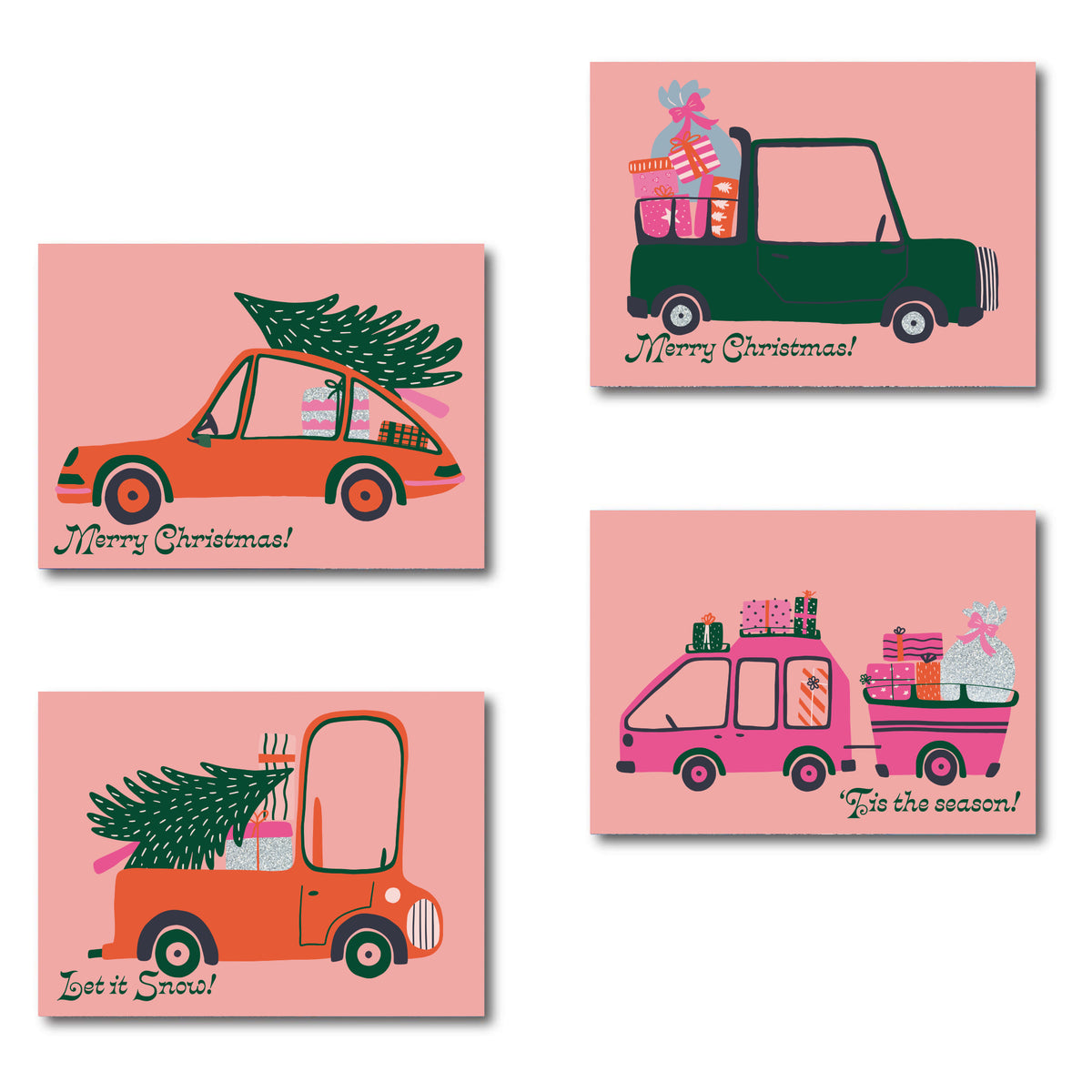 Retro Christmas card set with 4 flat-illustration vehicle designs on blush pink, 24 cards total.