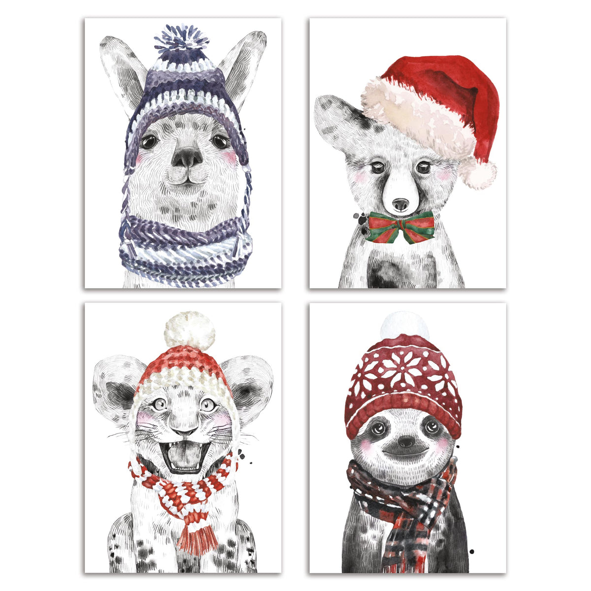 Winter Animal Holiday Cards, set of 24, four fine line illustrated designs with watercolor knitwear accents.