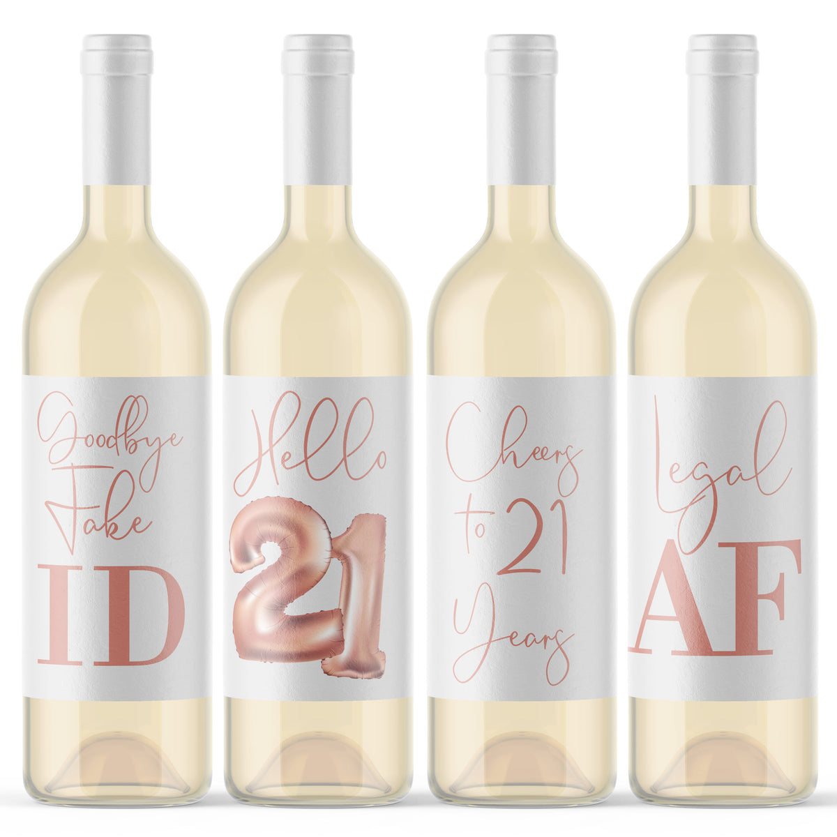 Rose Gold Balloon 21st Birthday Wine Labels, Pack of 4