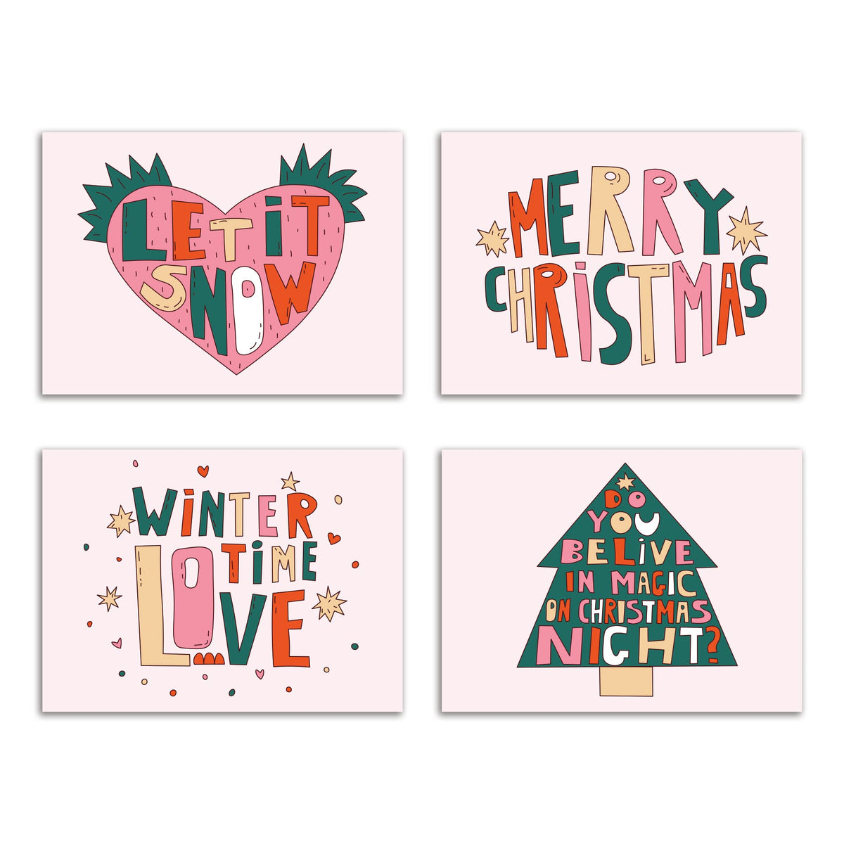 Boho Merry Christmas Greeting Cards, Set of 24