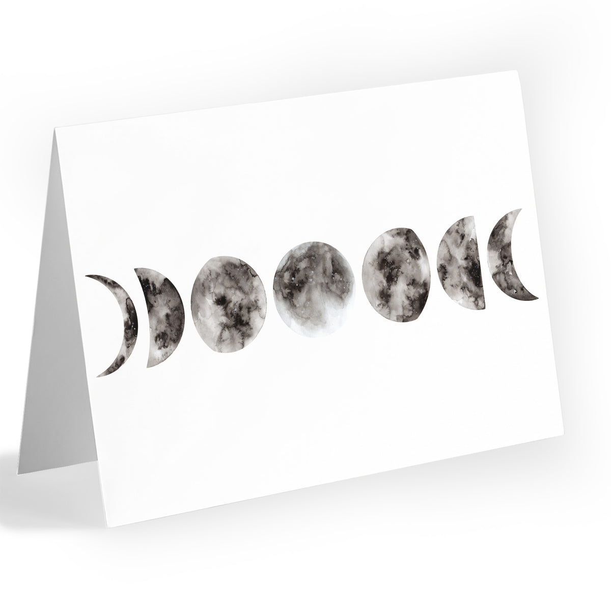 Moon phases card set with 24 folded cards featuring a black, gray, and white lunar illustration.
