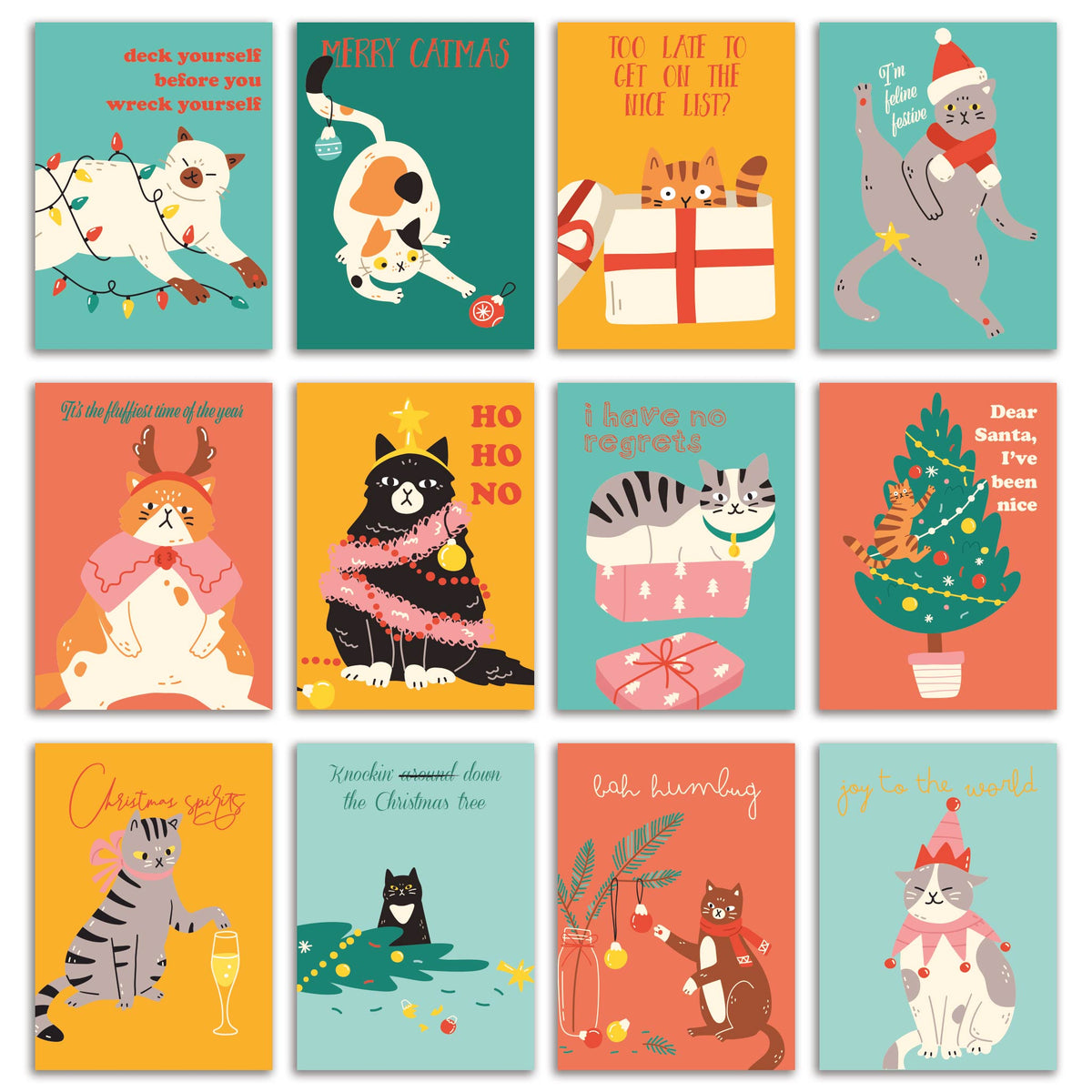 Boxed set of 24 funny cat Christmas cards with 12 illustrated designs, two of each.
