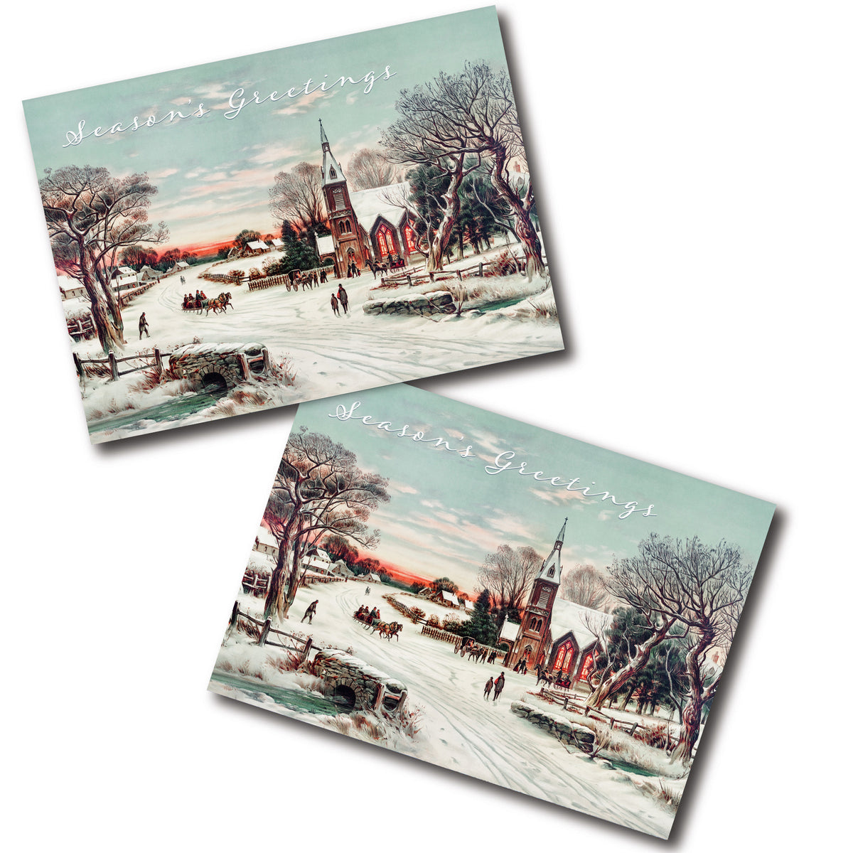 Season's Greetings Christmas cards, set of 24, chromolithograph-style winter village scene with Gothic Revival church.