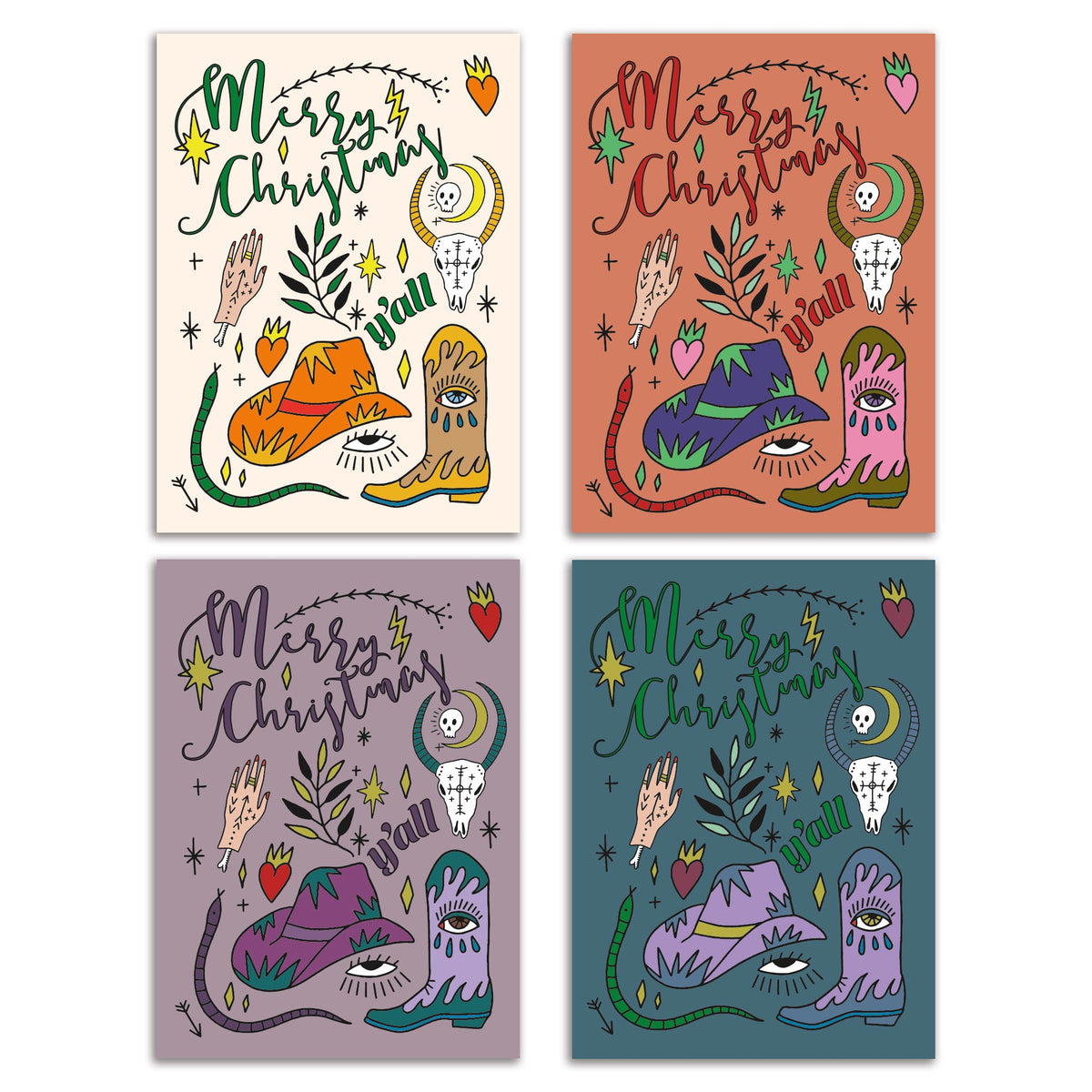 Merry Christmas Y'all Western Christmas cards, set of 24, four designs on cream, terracotta, lavender, and teal backgrounds.