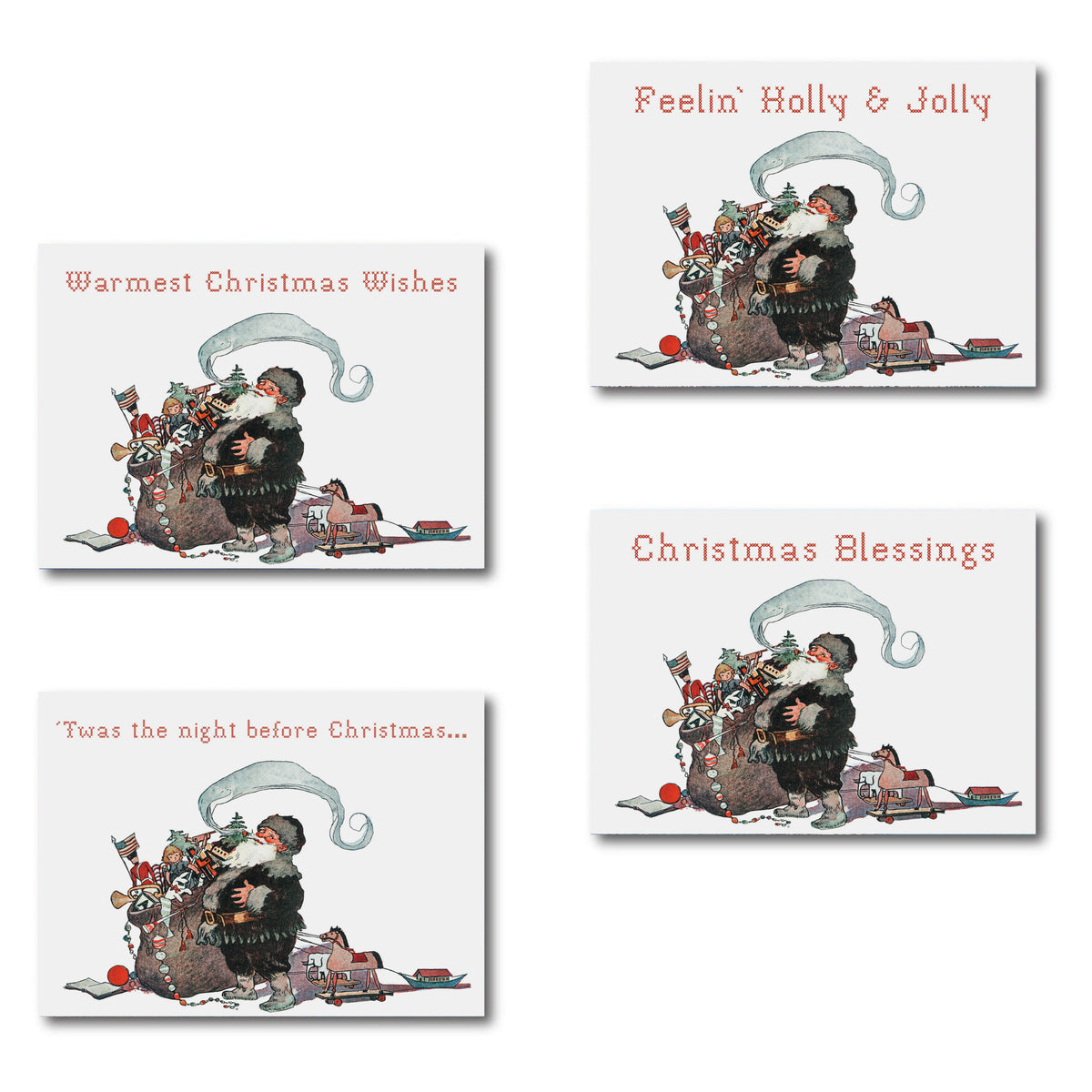 Jolly Old Santa Christmas cards, set of 24, four watercolor designs featuring Santa with a toy sack.