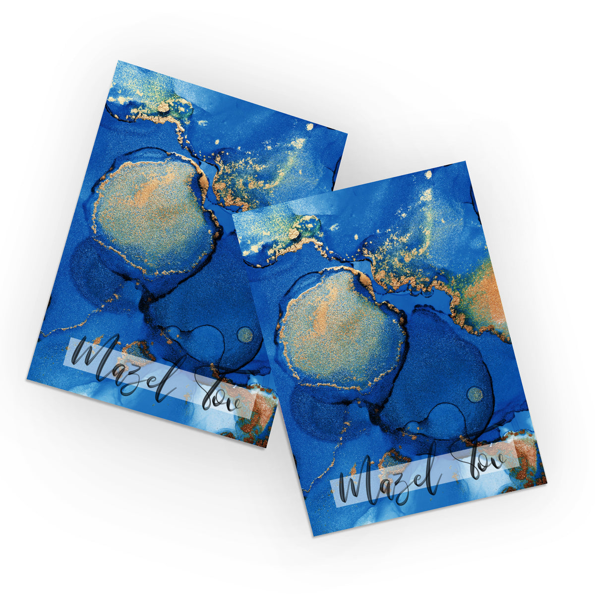 Mazel tov cards, boxed set of 24, single design, fluid abstract blue and gold pattern with script text.