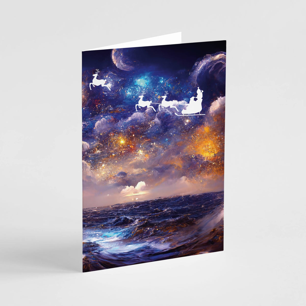 Santa Sleigh Over the Sea Christmas Greeting Cards, Set of 24