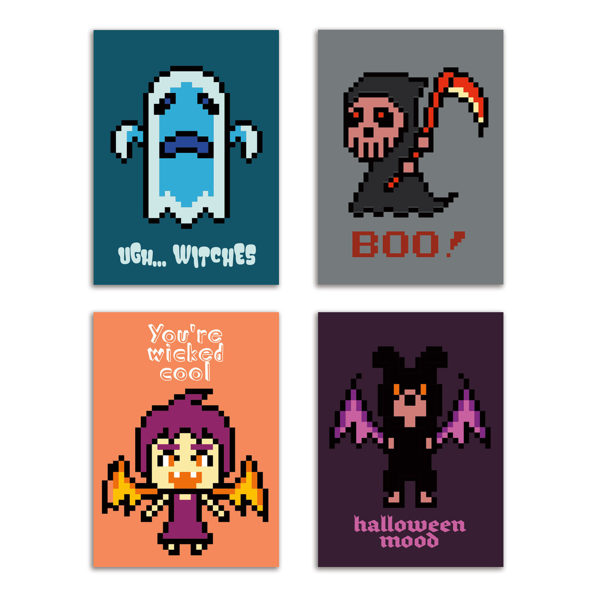 Pixel Halloween Card Set, 24 cards with 4 pixel art monster designs in bold teal, orange, purple, and black.