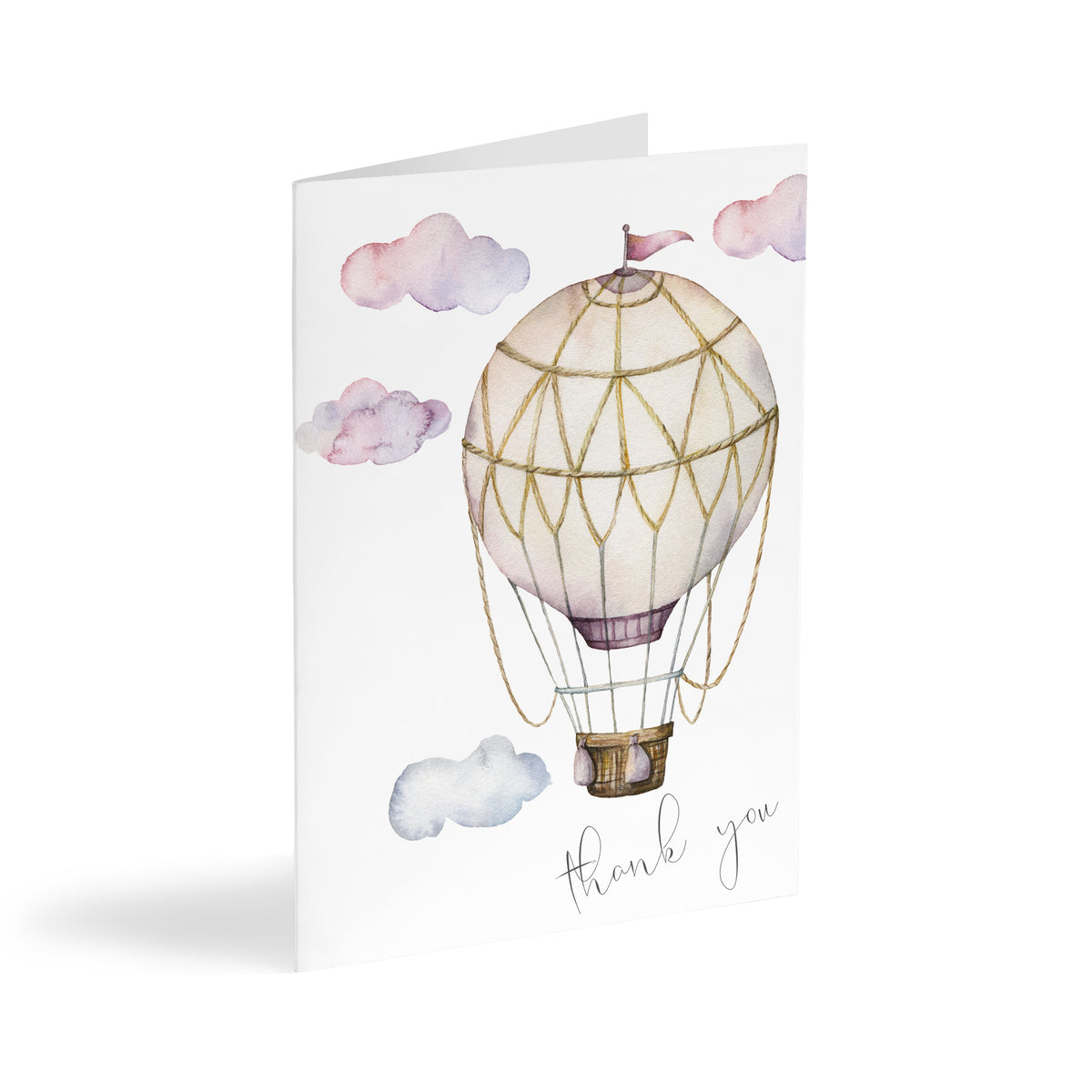 Hot air balloon thank you cards, set of 24, with watercolor balloon and pastel cloud design.