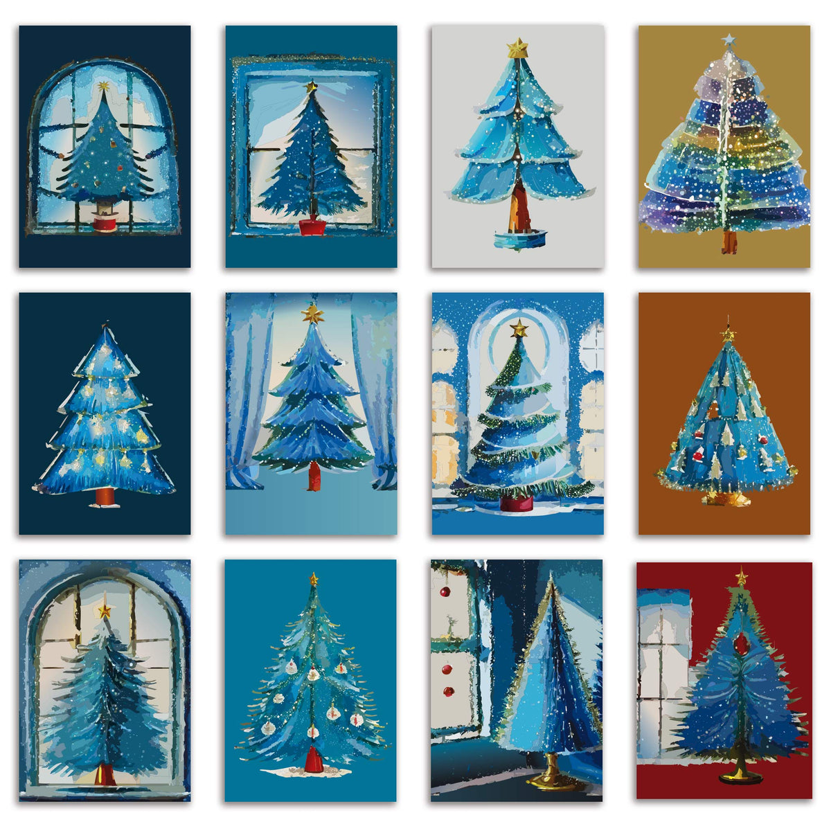 Retro Christmas Tree Holiday Window Cards, Set of 24