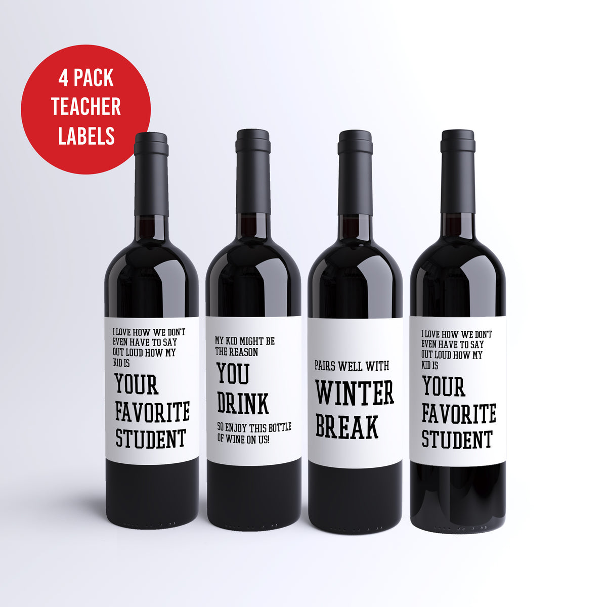 Funny Teacher Wine Labels, Pack of 4