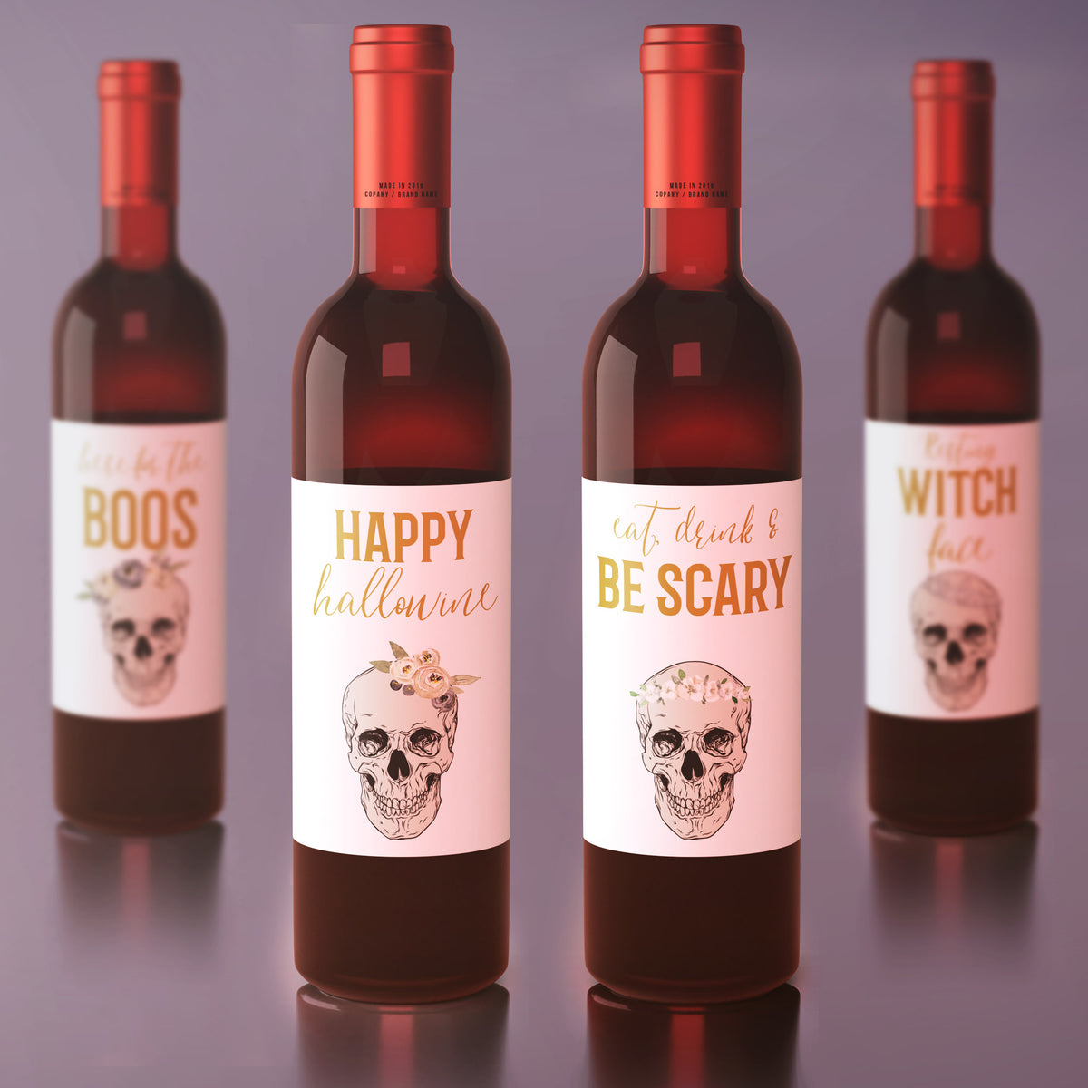 Boho Skull Halloween Wine Labels, Pack of 4
