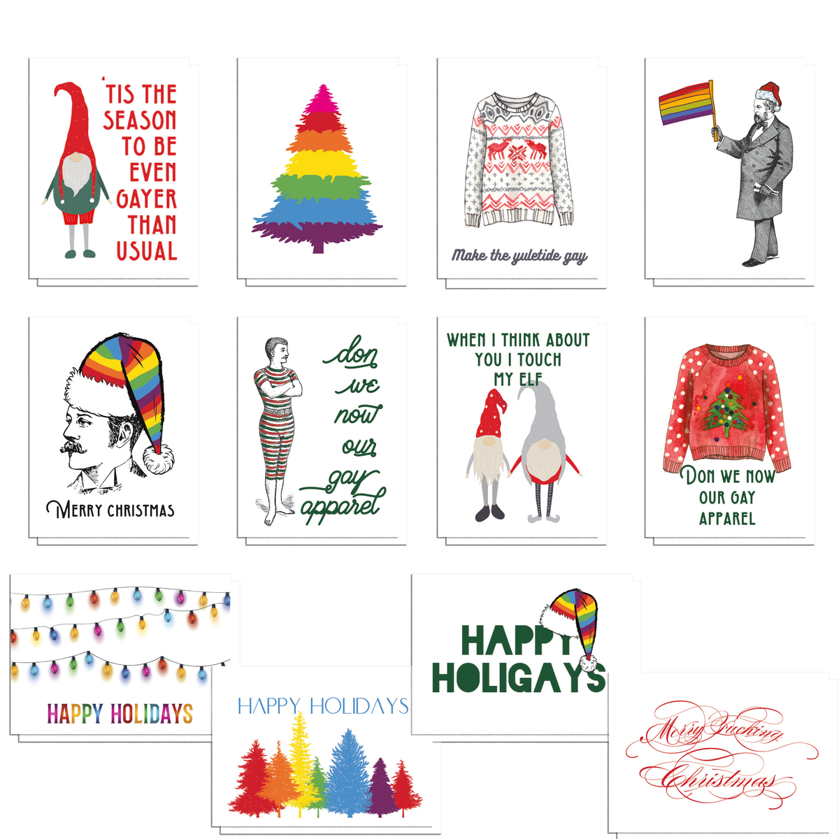 Gay for the Holidays blank note card set, 24 cards in 12 LGBTQ+ holiday designs, two of each.