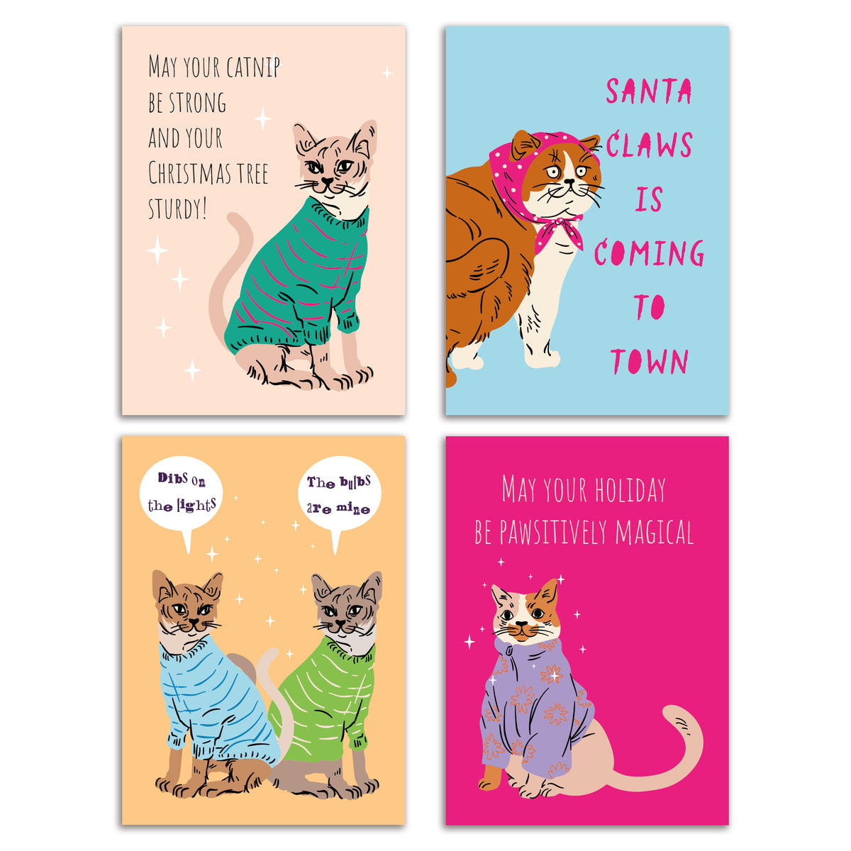 Cat Christmas Greeting Cards, Set of 24
