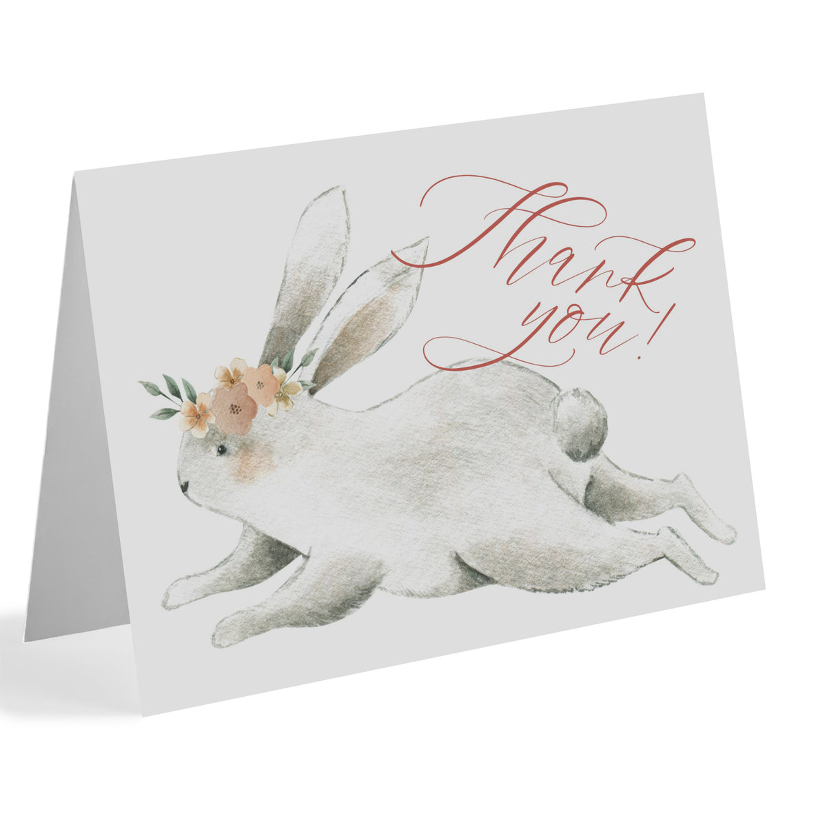 Bunny thank you cards set of 24 with a floral crown rabbit illustration and red script text.