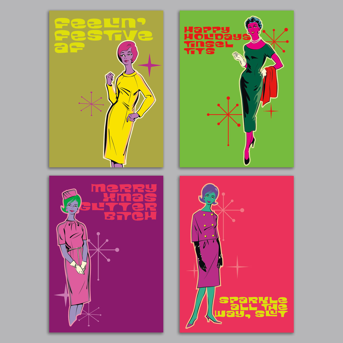 Femme Fatale Retro 60s Christmas Greeting Cards, Set of 24