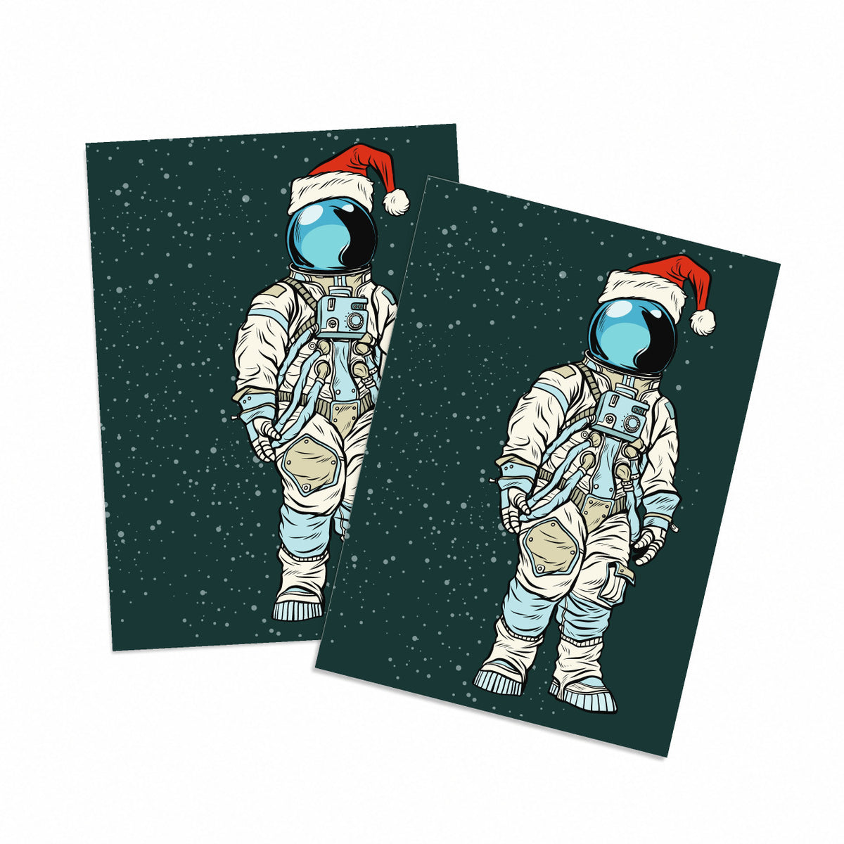 Astronaut Christmas card with Santa hat on dark teal starry background, bold comic illustration style.