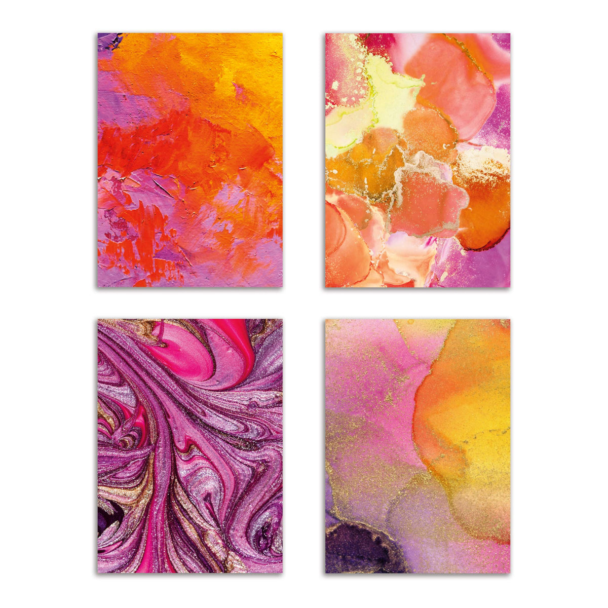 Abstract marbled card set with 24 cards in pink, orange, yellow, purple, and gold swirled patterns.