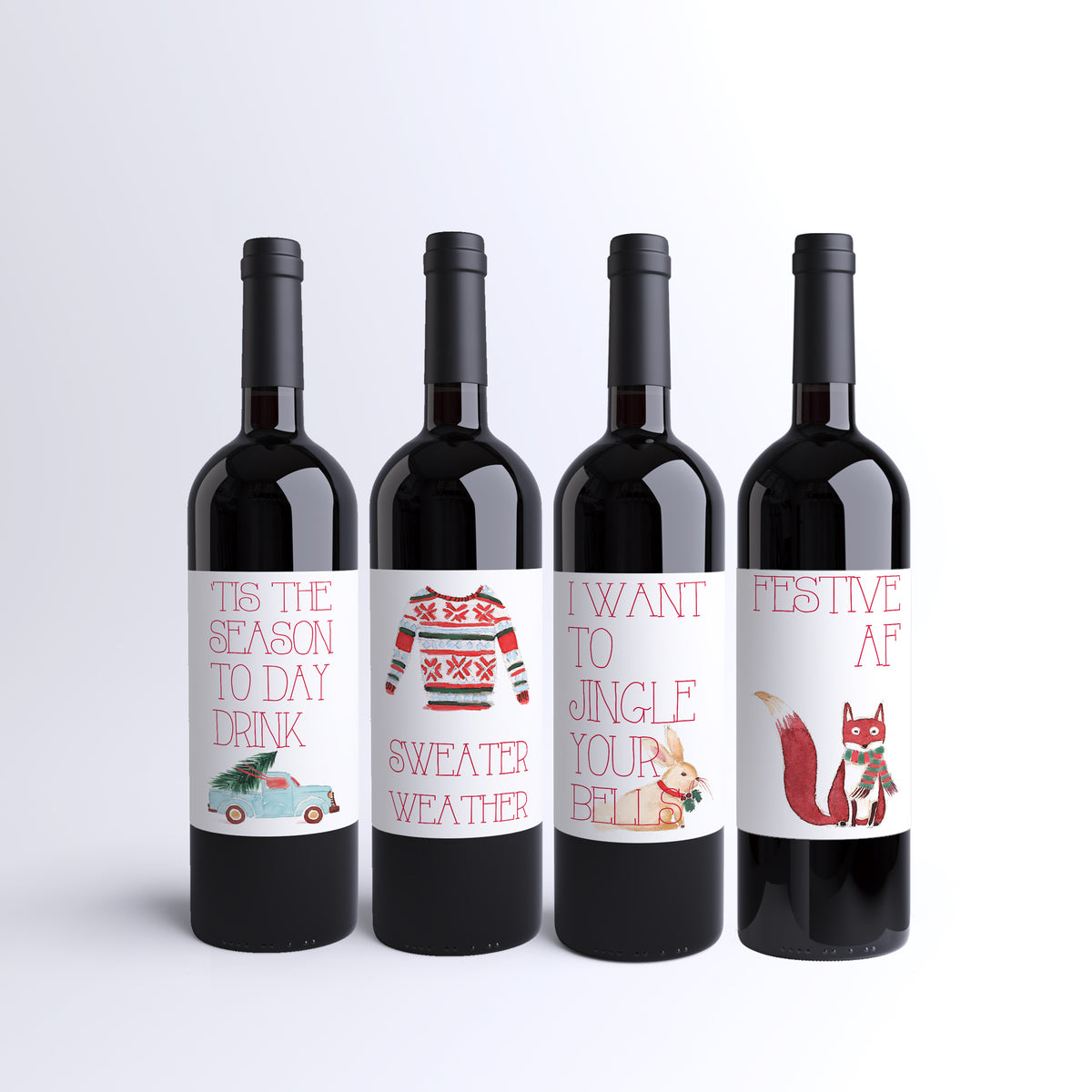 Cute Christmas Wine Labels, Pack of 4