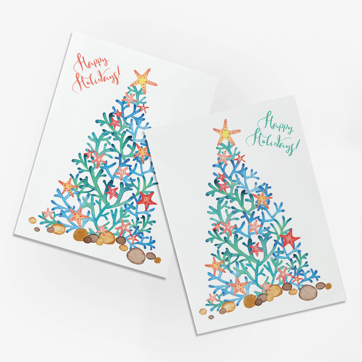 Beach Christmas cards, set of 24, featuring a coral-branch Christmas tree with starfish and beach stones.