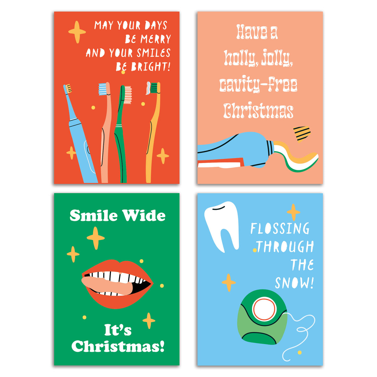 Dentist Christmas Cards set of 24 with four dental-themed holiday designs on red-orange, peach, green, and light blue backgro