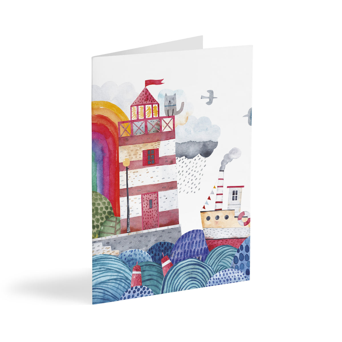 Coastal Lighthouse Cards, boxed set of 24 watercolor-style illustrated cards with one repeating design.