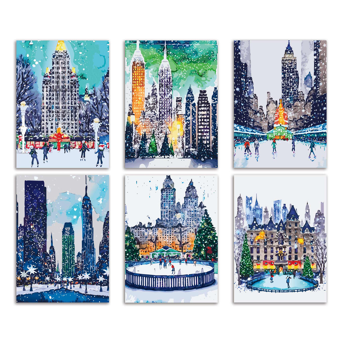 Set of 24 watercolor-style New York City winter scene cards, 6 designs, 4 of each, no text.
