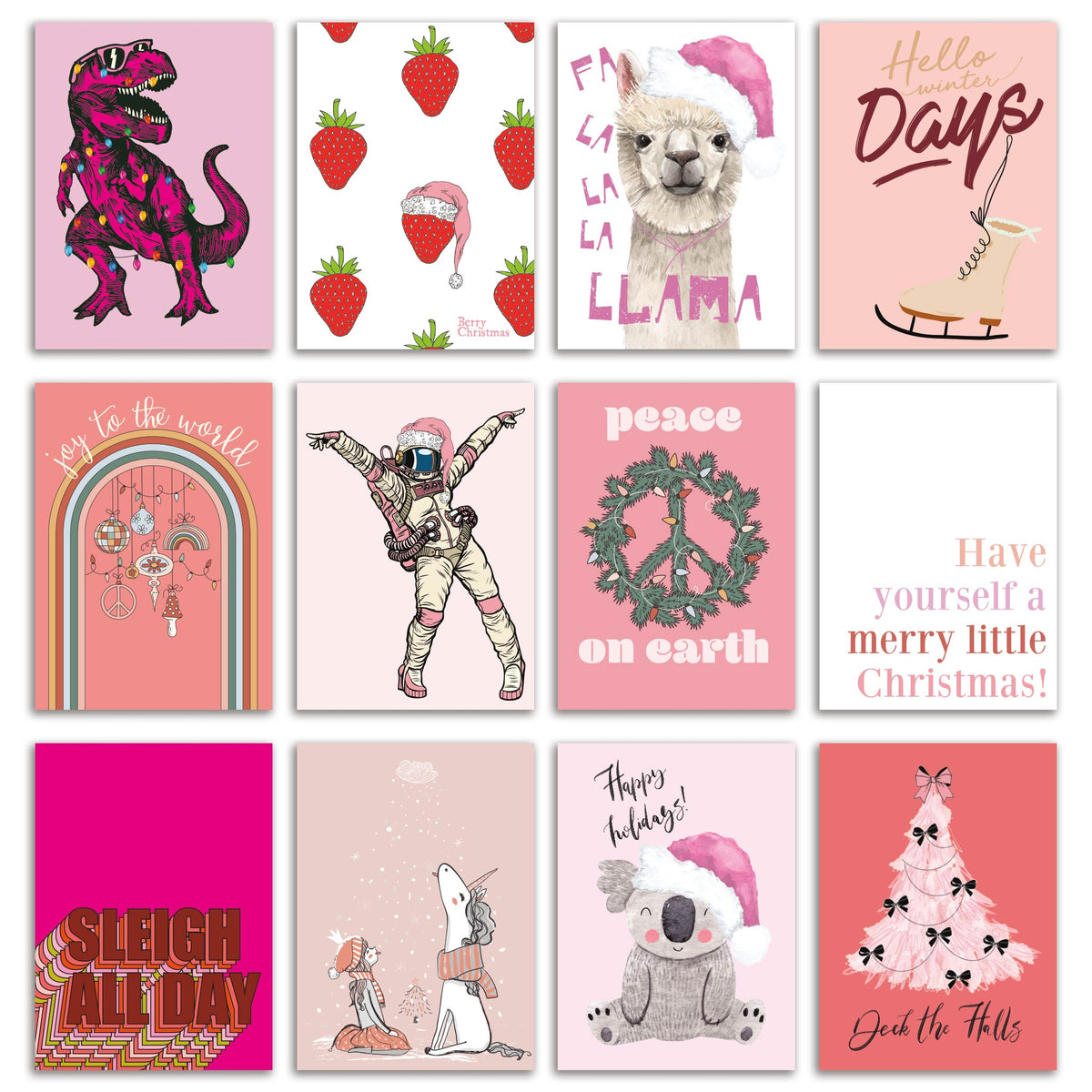 Set of 24 pastel pink Christmas cards with 12 designs featuring animal illustrations and holiday lettering.