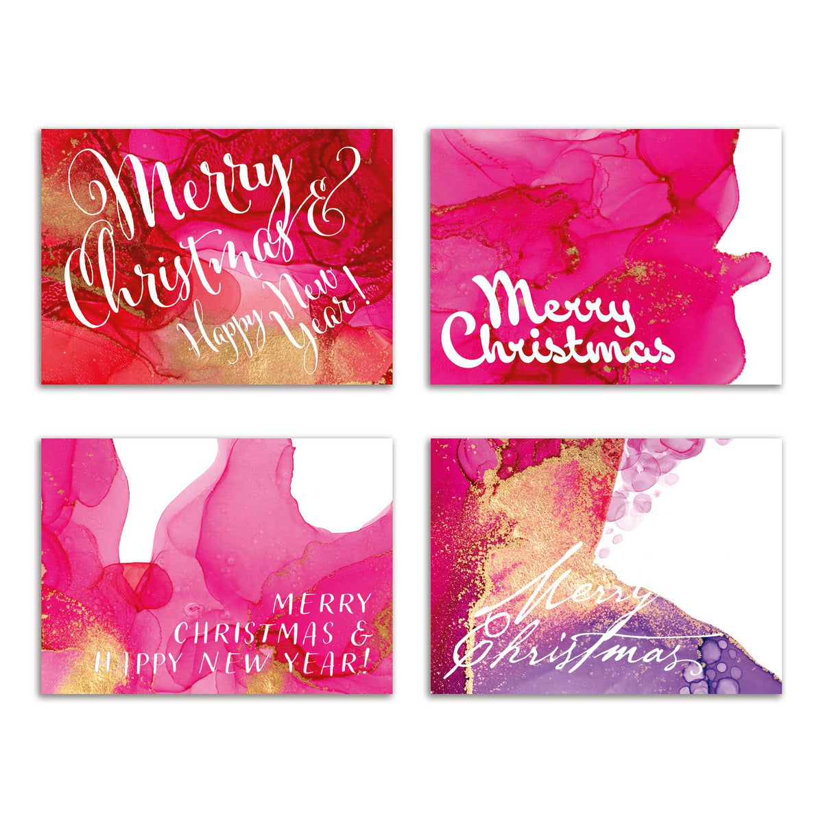 Pink Alcohol Ink Merry Christmas Greeting Cards, Set of 24