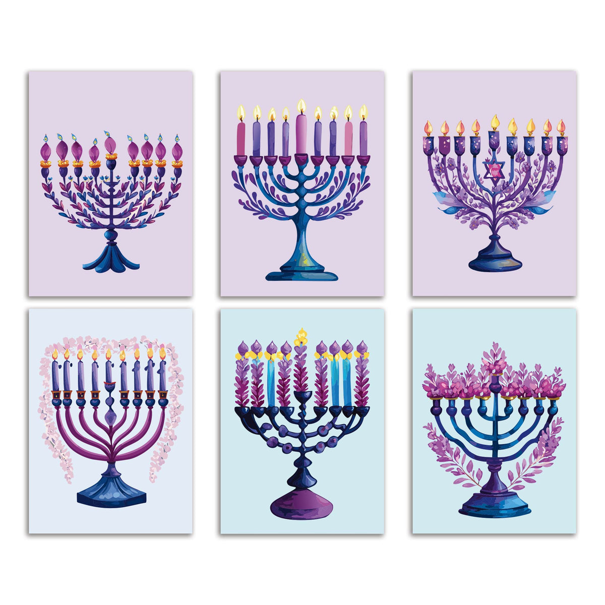 Blooming Menorahs Hanukkah Greeting Cards, Set of 24