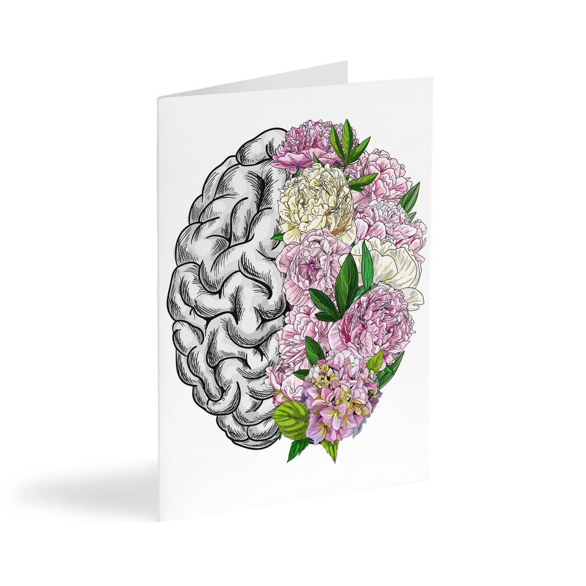Boxed set of 24 greeting cards featuring a split anatomical brain illustration in linework and florals.