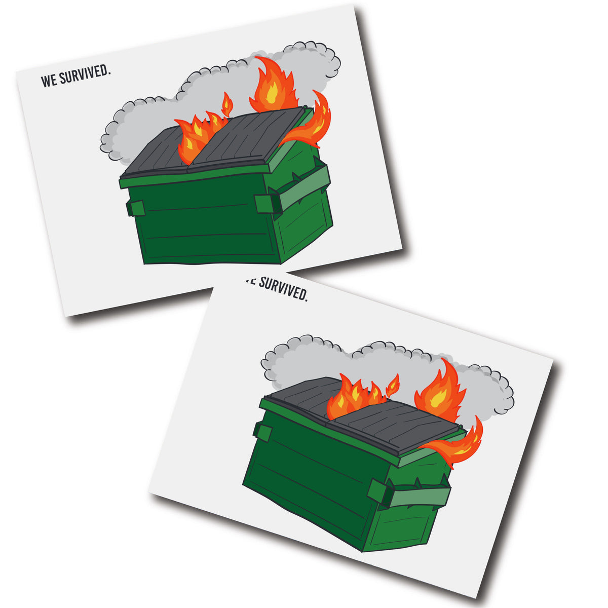 Set of 24 landscape cards printed with a burning green dumpster illustration and bold black text reading WE SURVIVED.