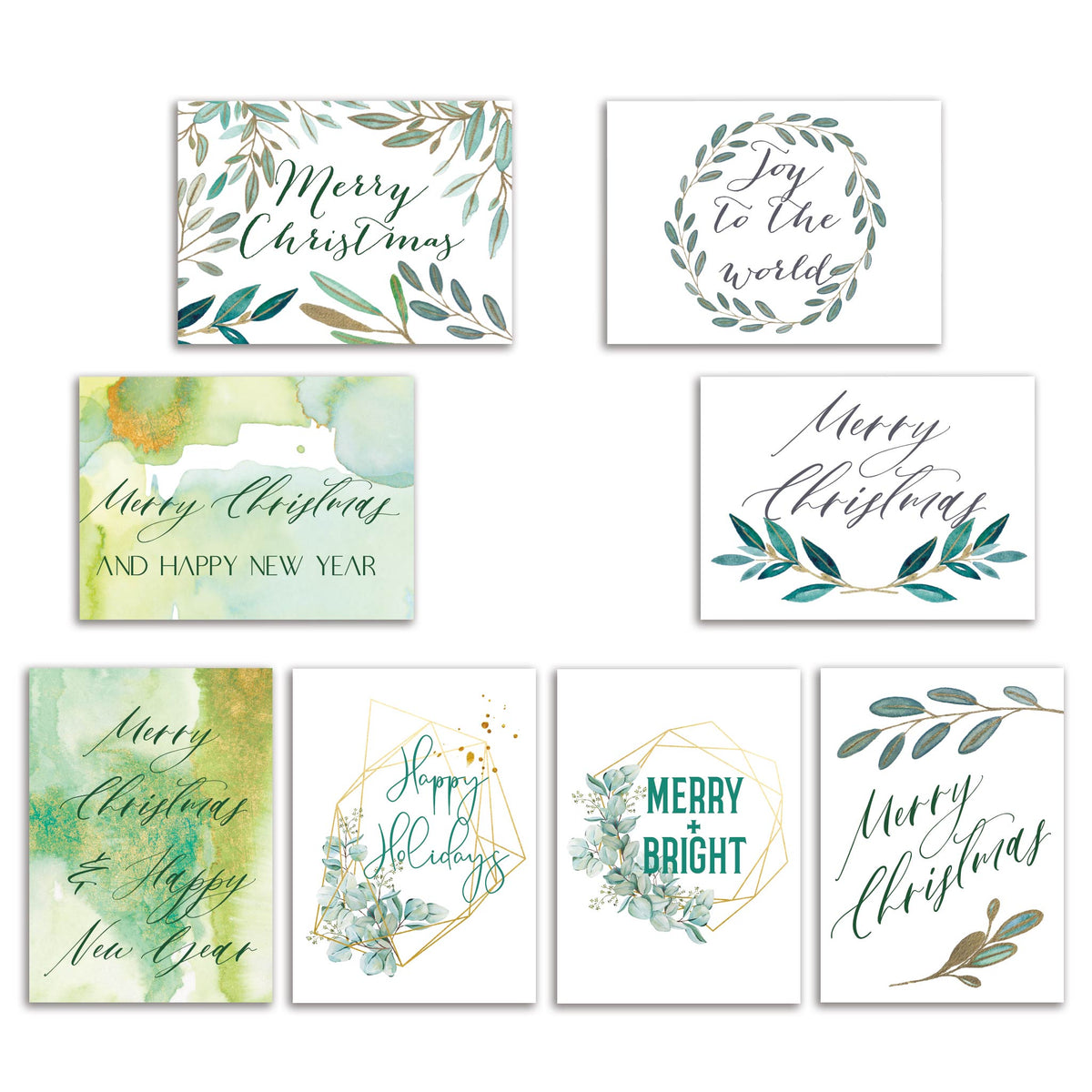 Set of 24 folded Christmas note cards with envelopes, featuring 8 watercolor botanical designs in green, teal, and gold.