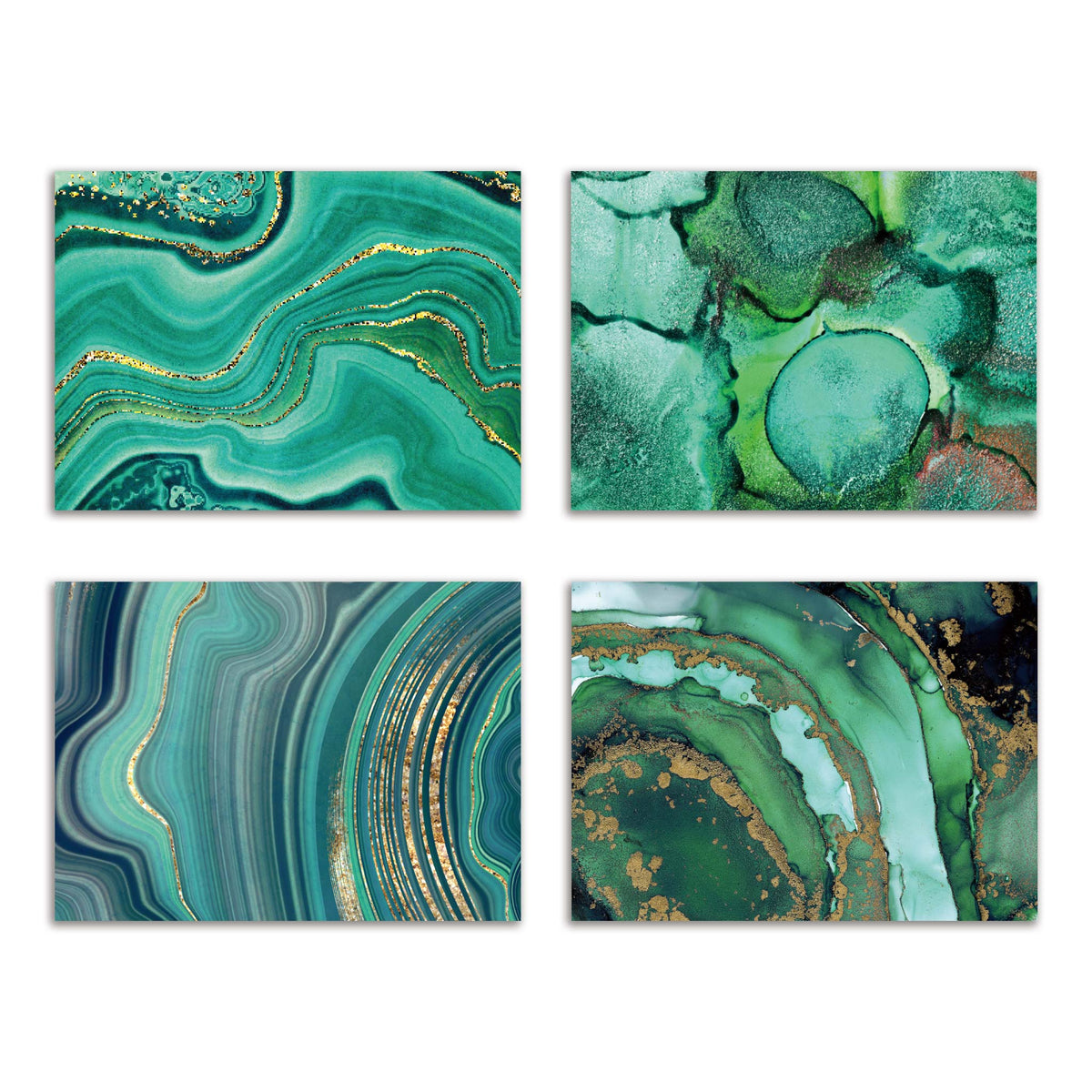 Green marbled correspondence cards set of 24 with swirling teal, green, and gold abstract patterns.