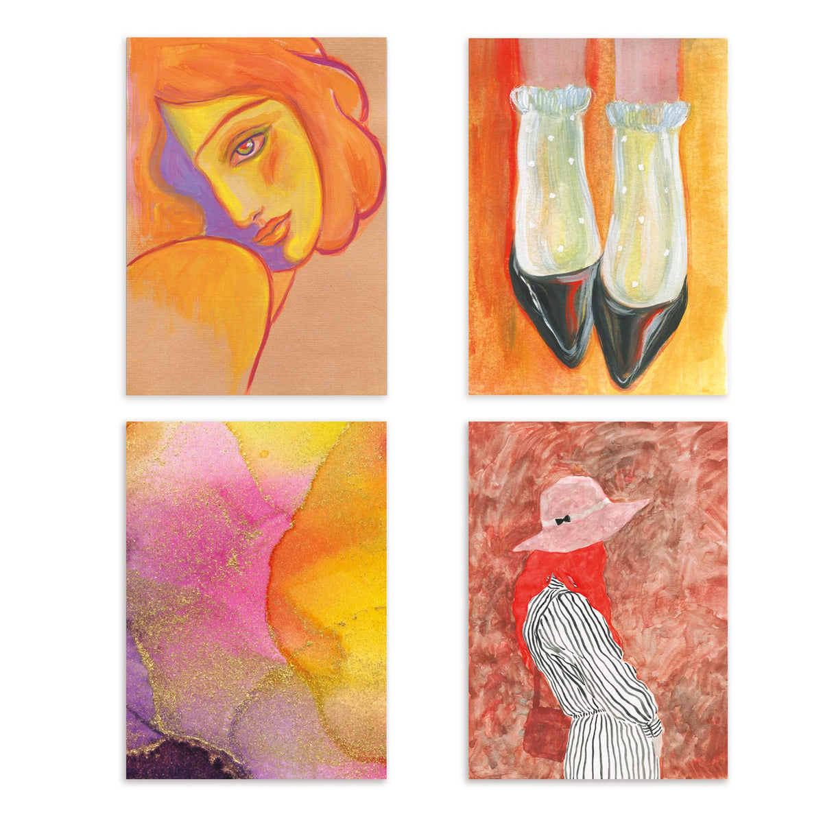 Abstract art notecard set with 24 cards featuring bold illustrated designs in bright oranges, reds, yellows, and purples.
