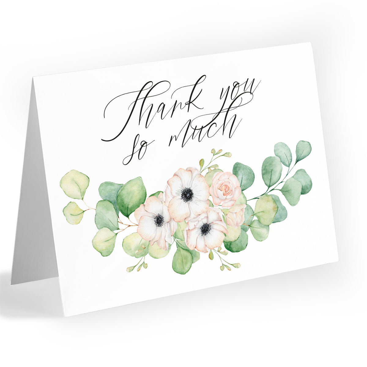 Thank you so much cards set of 24 with watercolor eucalyptus and anemone floral design.
