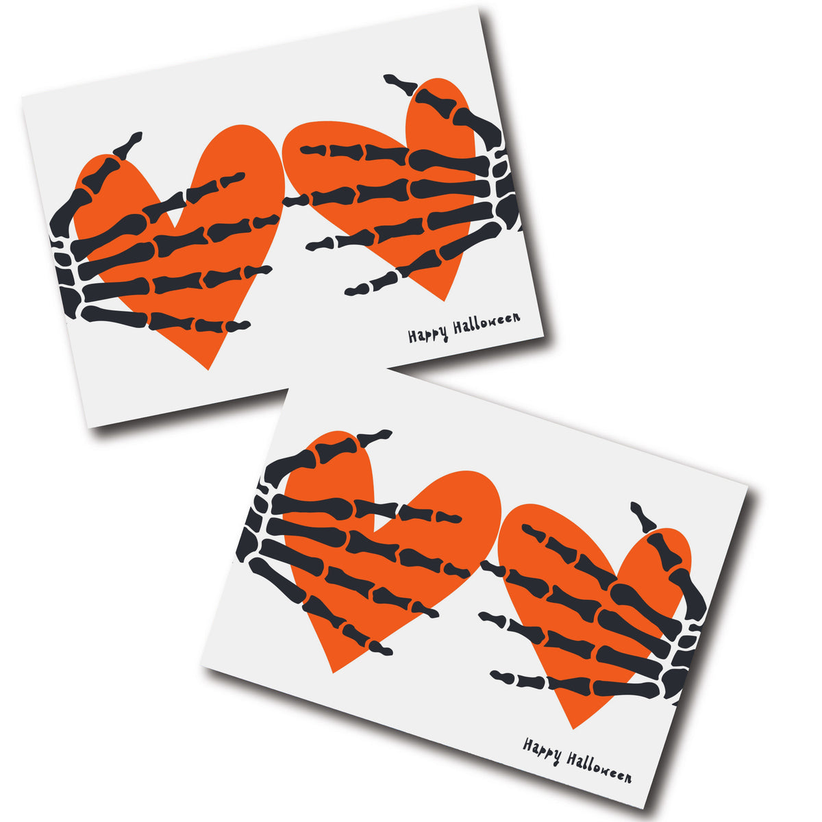 Boxed set of 24 Halloween cards with two skeleton hands holding orange hearts and "Happy Halloween" in script.