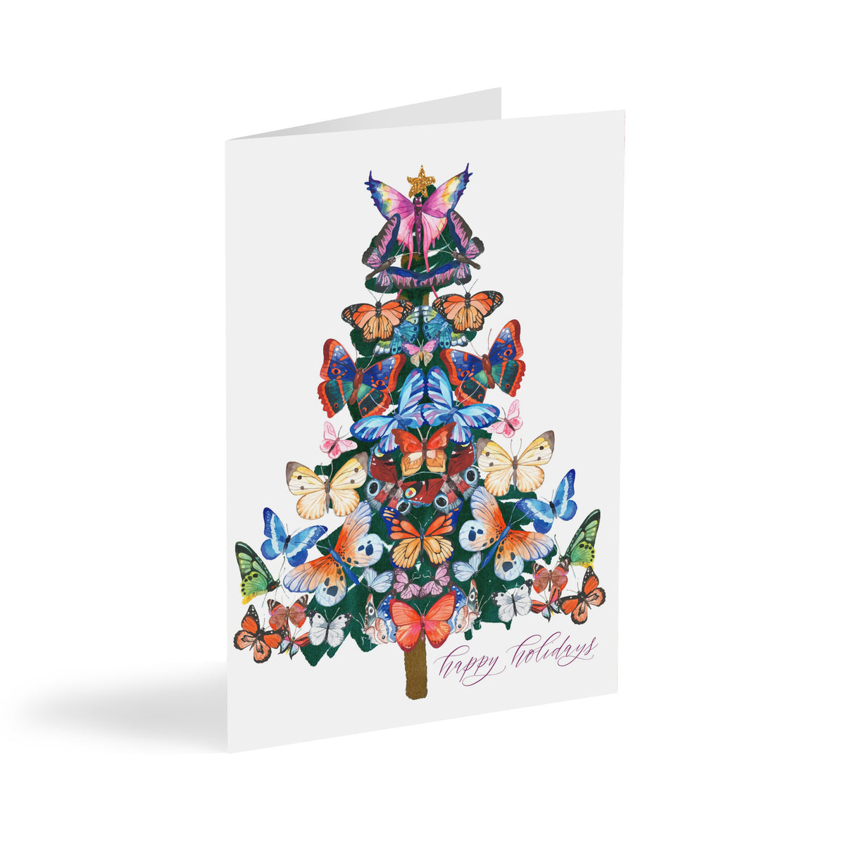 Butterfly Christmas card with illustrated tree made of layered multicolor butterflies and "Happy Holidays" in pink script.