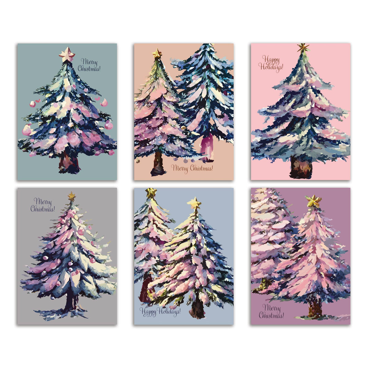 Pastel Snowy Christmas Tree Greeting Cards, Set of 24
