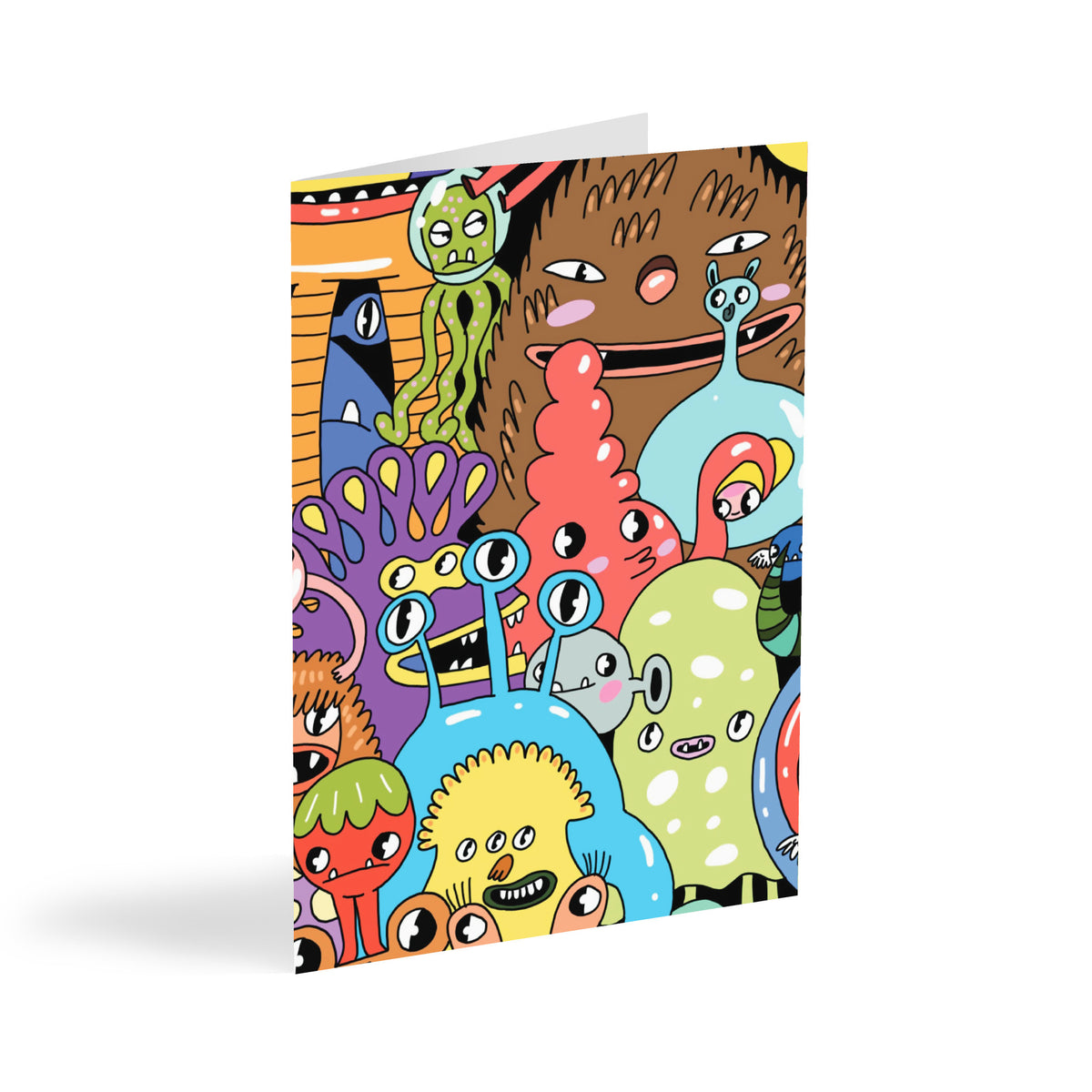 Cartoon Monster Greeting Cards set of 24 with a colorful illustrated crowd of quirky creatures on the front.