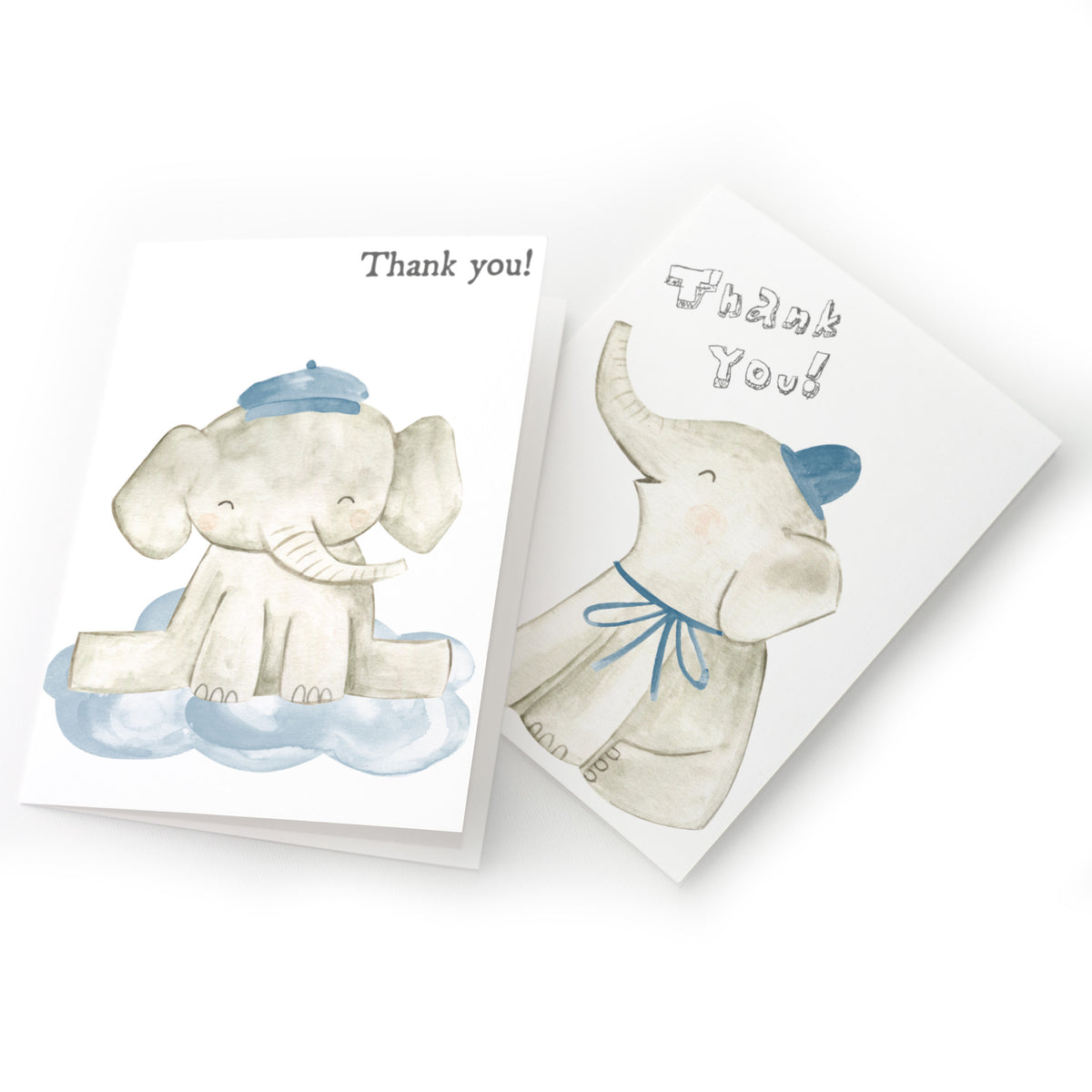 Elephant thank you cards set of 24 with watercolor-style illustrations in soft gray, blue, and blush tones.