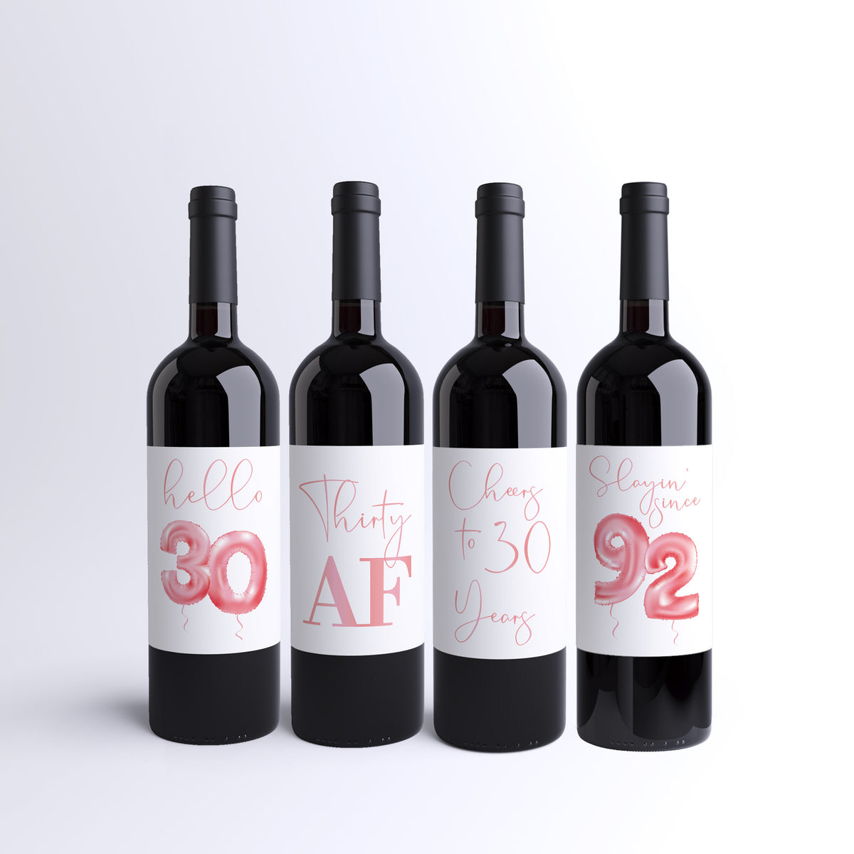 Pink Balloon 30th Birthday Wine Labels, Pack of 4