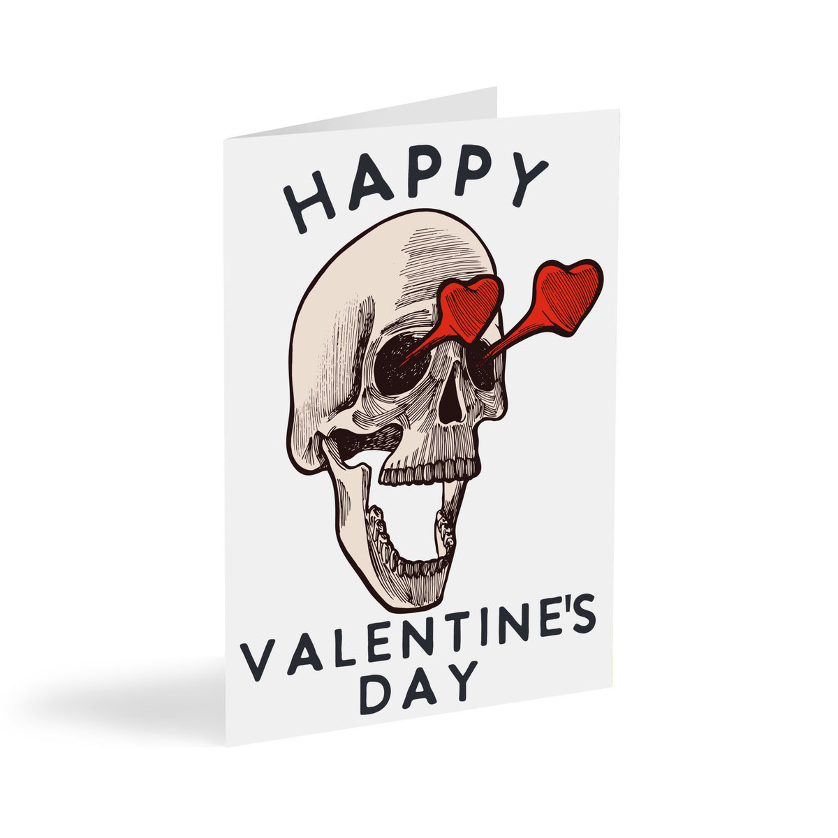 Skull Valentine's Day card with engraving-style skull wearing heart-shaped red glasses and bold "HAPPY VALENTINE'S DAY" text.