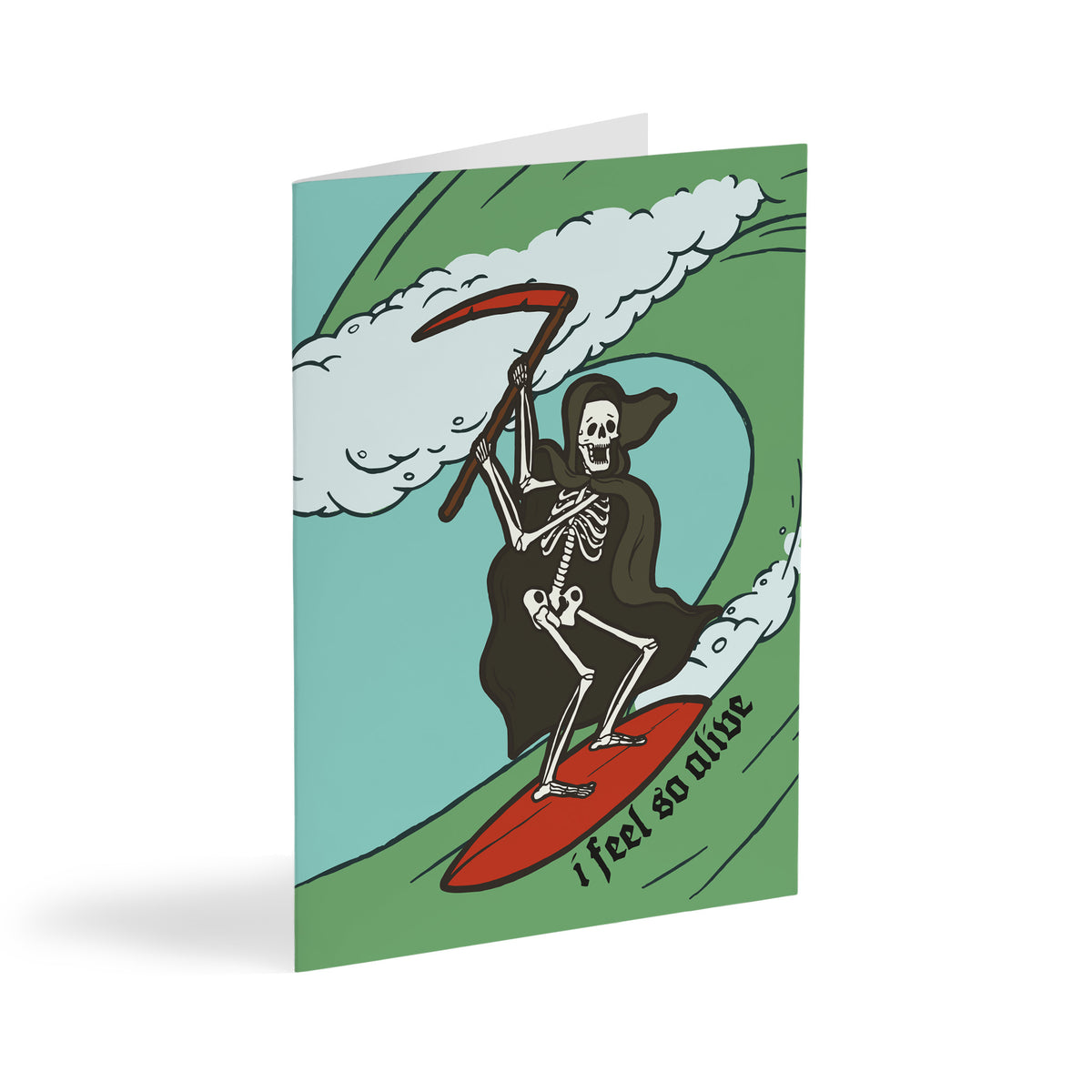 Surfing Grim Reaper greeting cards, set of 24, with skeleton in black cloak riding red surfboard on green wave.