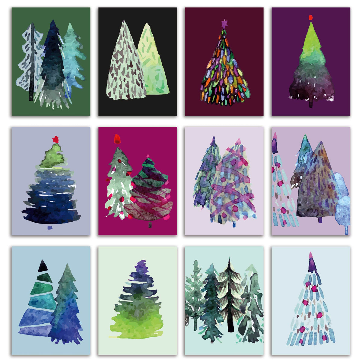 Abstract Christmas tree cards, set of 24 with 12 watercolor-style designs on solid color backgrounds.
