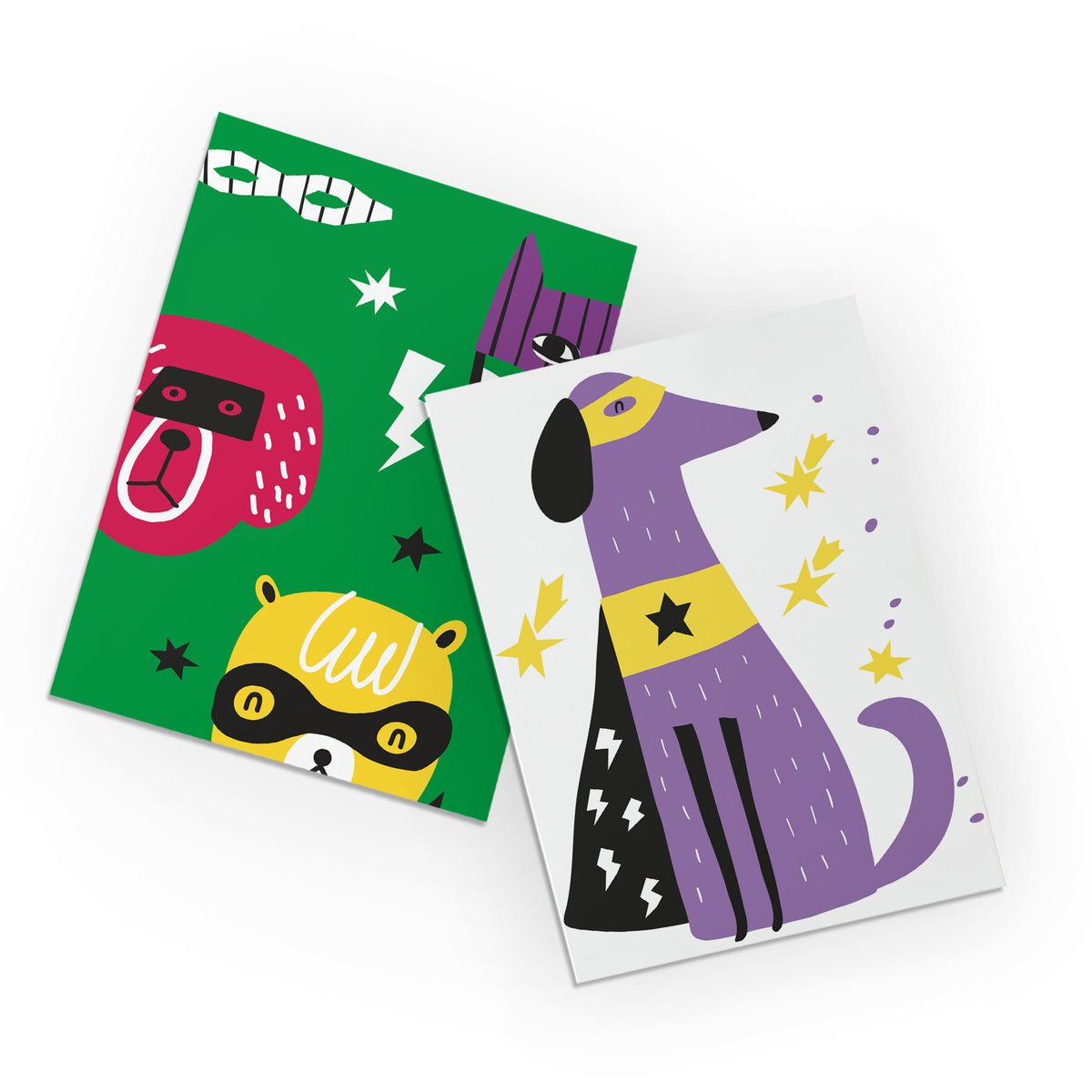 Card set with illustrated animals in superhero masks and capes in bright green, yellow, purple, and red.
